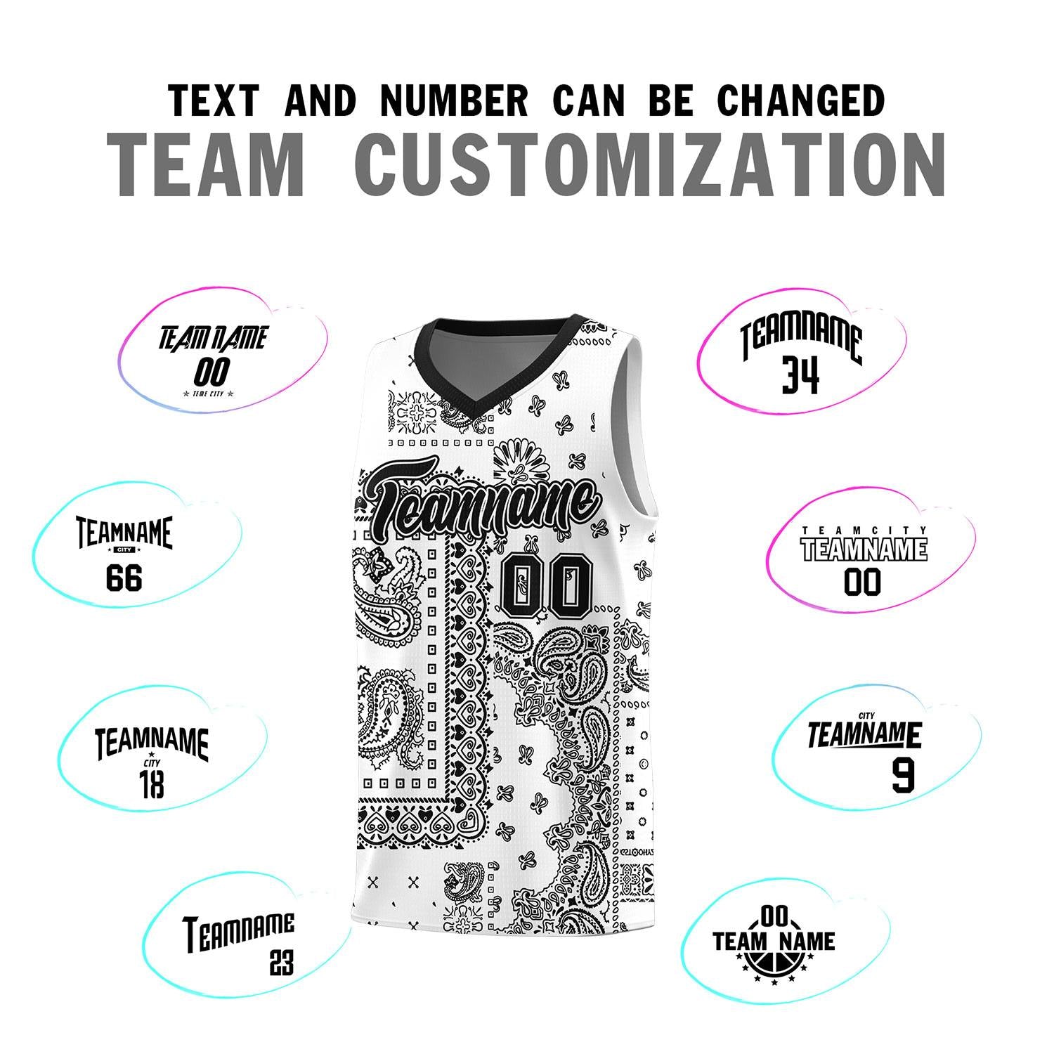 Custom White Basketball Kits With Black Cashew Flower Print Pattern