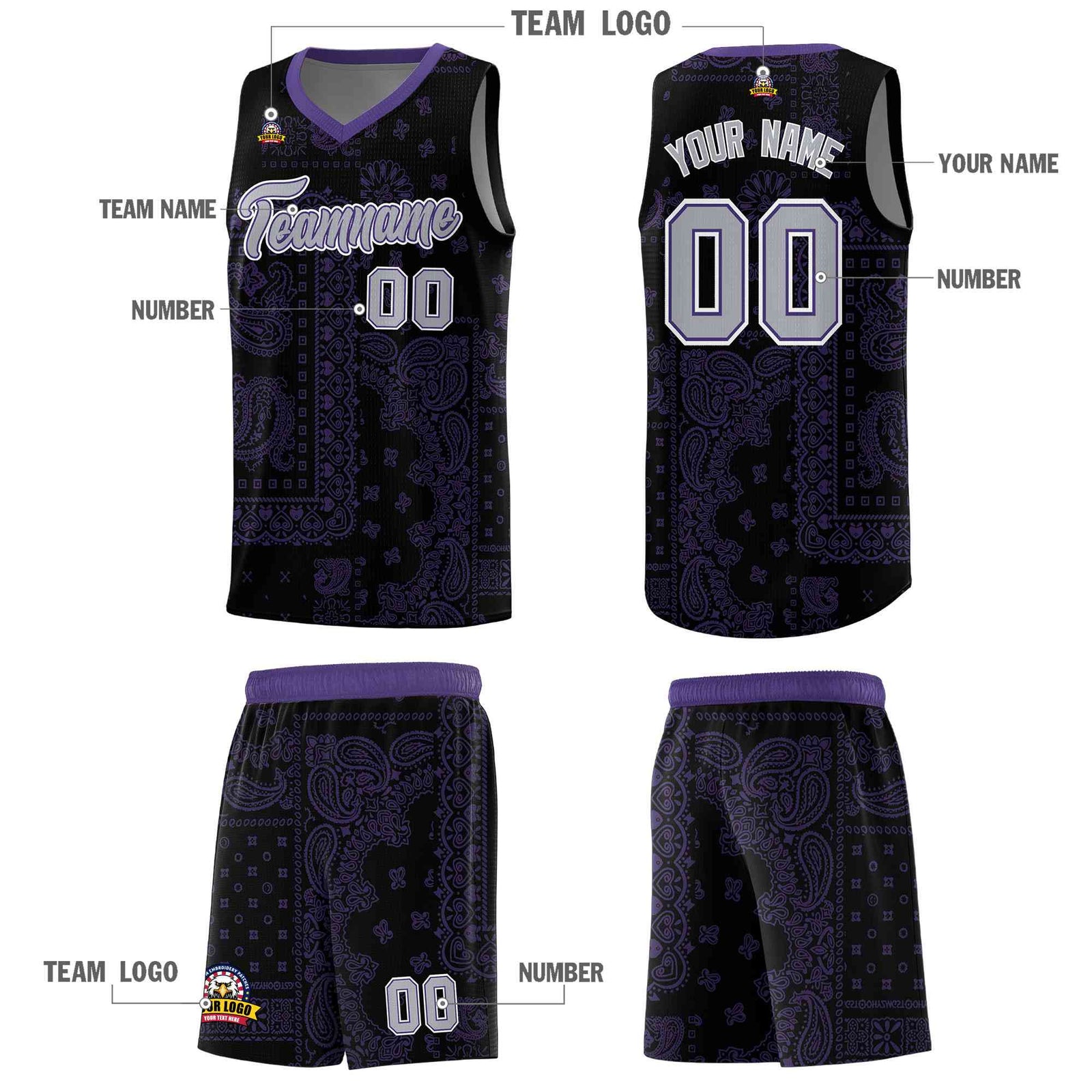 Custom Black Basketball Kits With Purple Cashew Flower Print Pattern