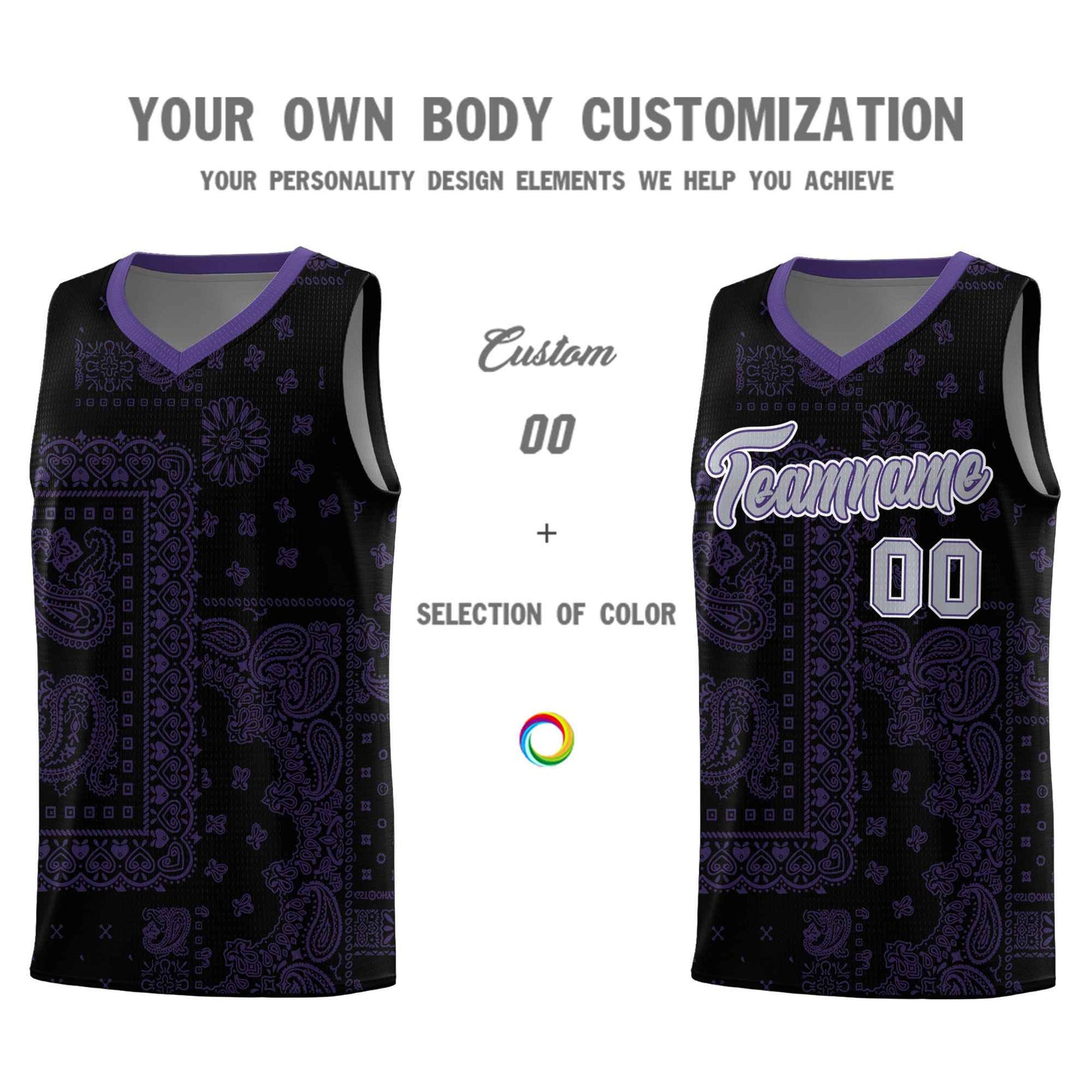 Custom Black Basketball Kits With Purple Cashew Flower Print Pattern