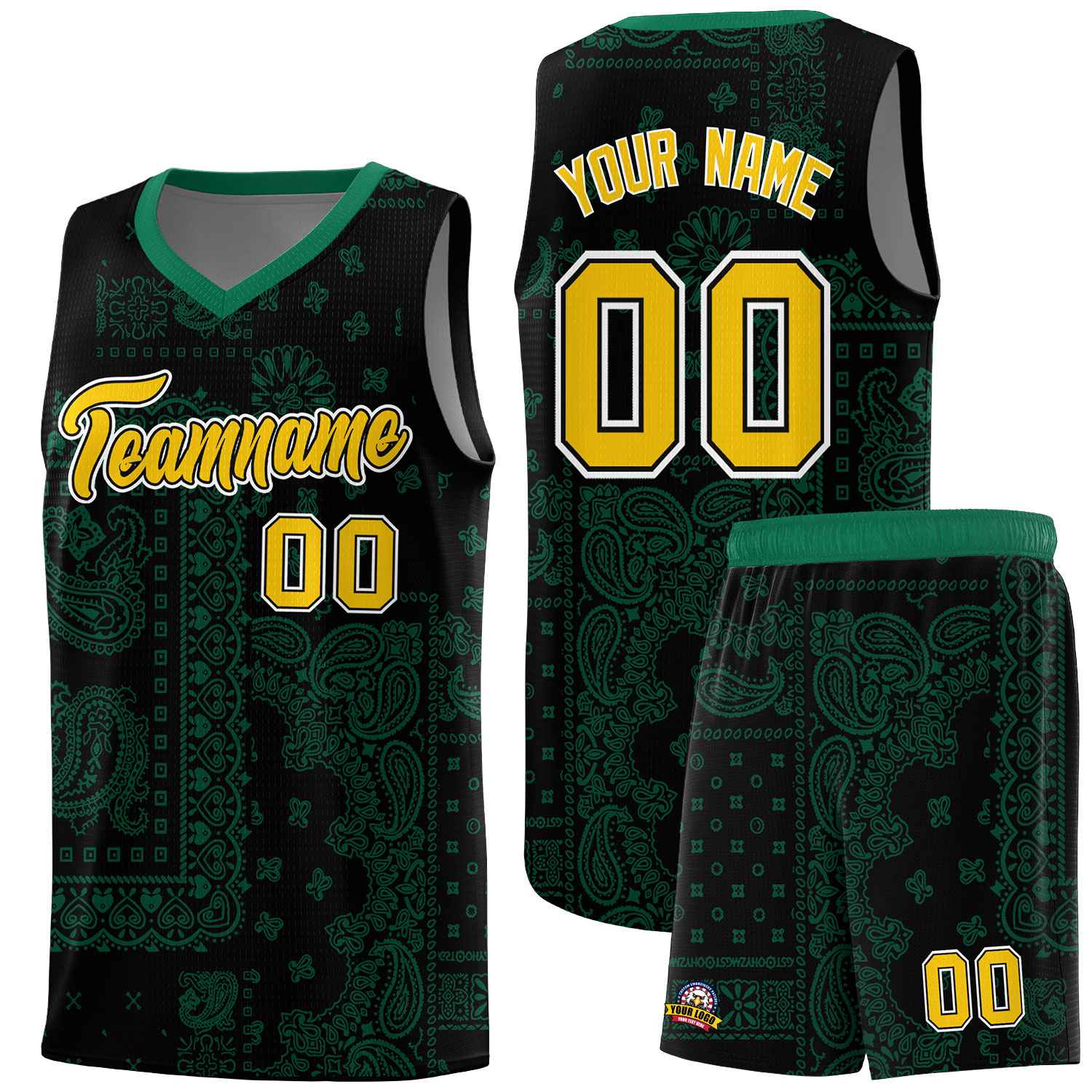 Custom Black Basketball Kits With Kelly Green Cashew Flower Print Pattern