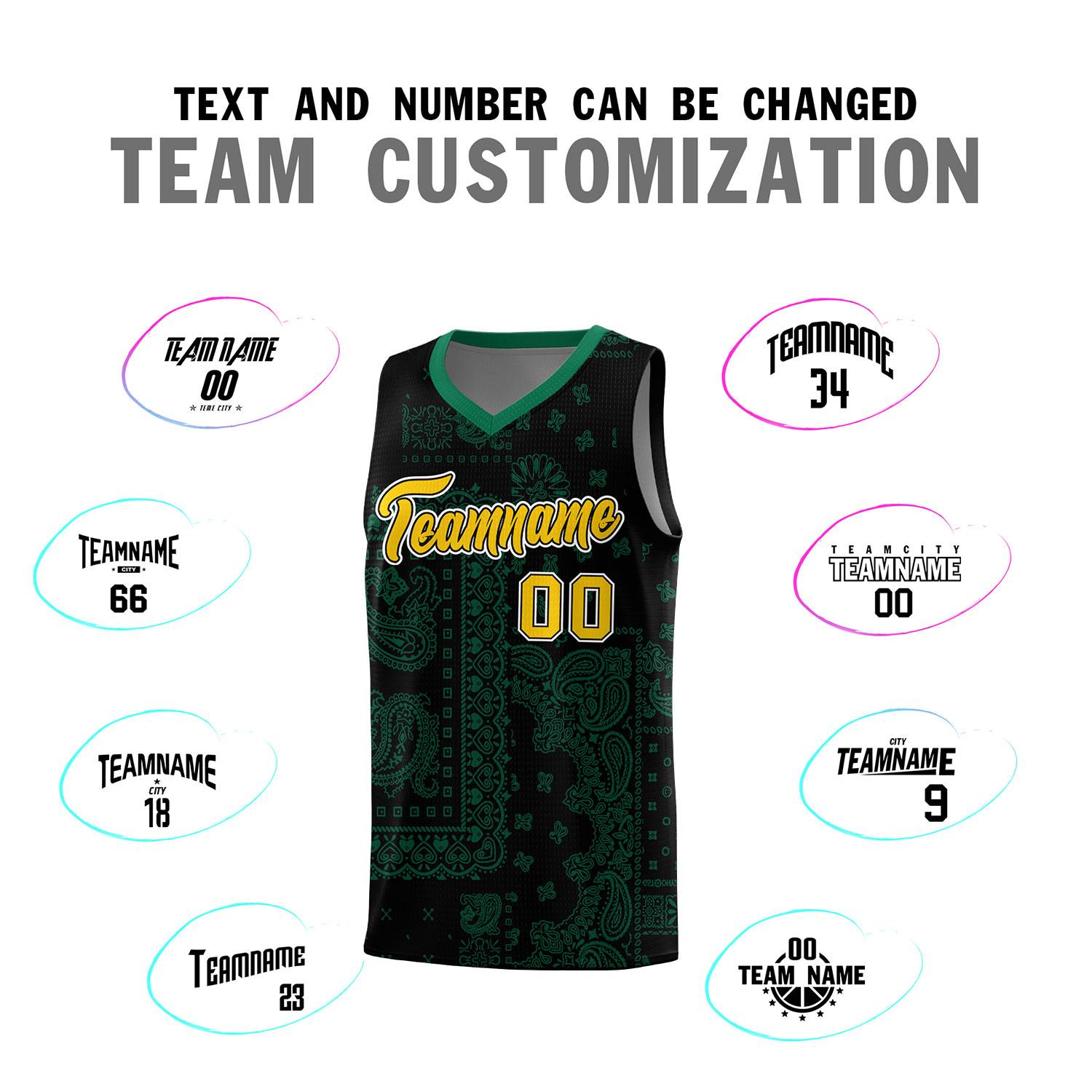 Custom Black Basketball Kits With Kelly Green Cashew Flower Print Pattern