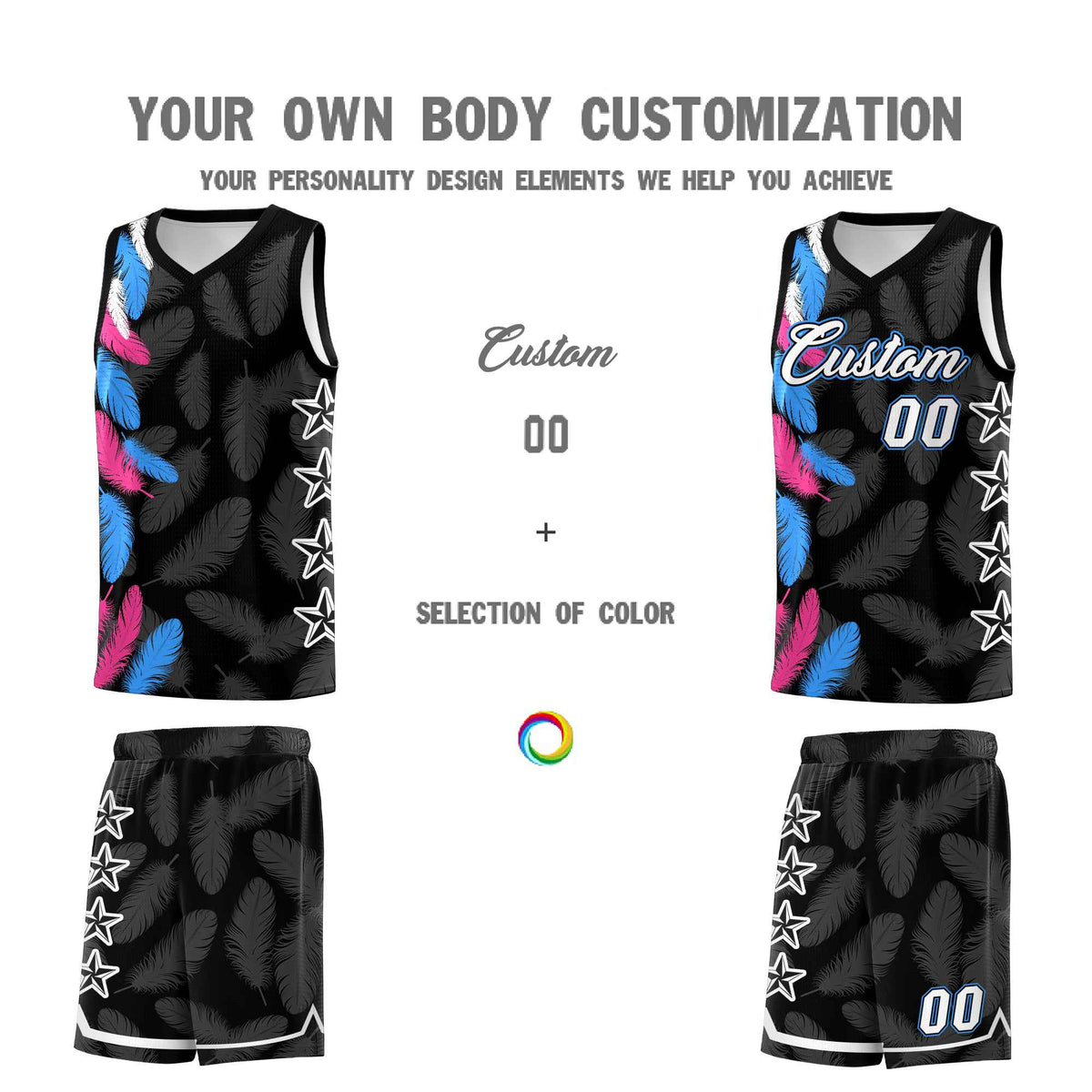 Custom Youth Basketball Jersey Black White Feather Series Sports Uniform