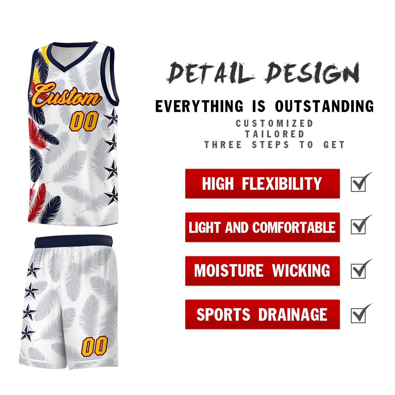 Custom Youth Basketball Jersey White Gold Feather Series Sports Uniform