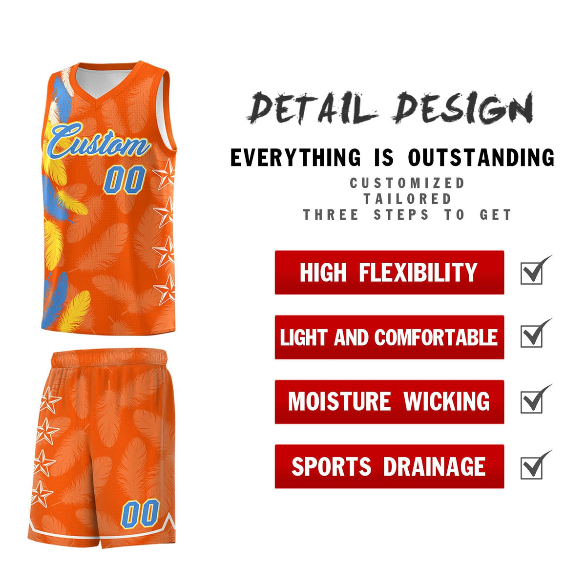 Custom Youth Basketball Jersey Orange Powder Blue Feather Series Sports Uniform
