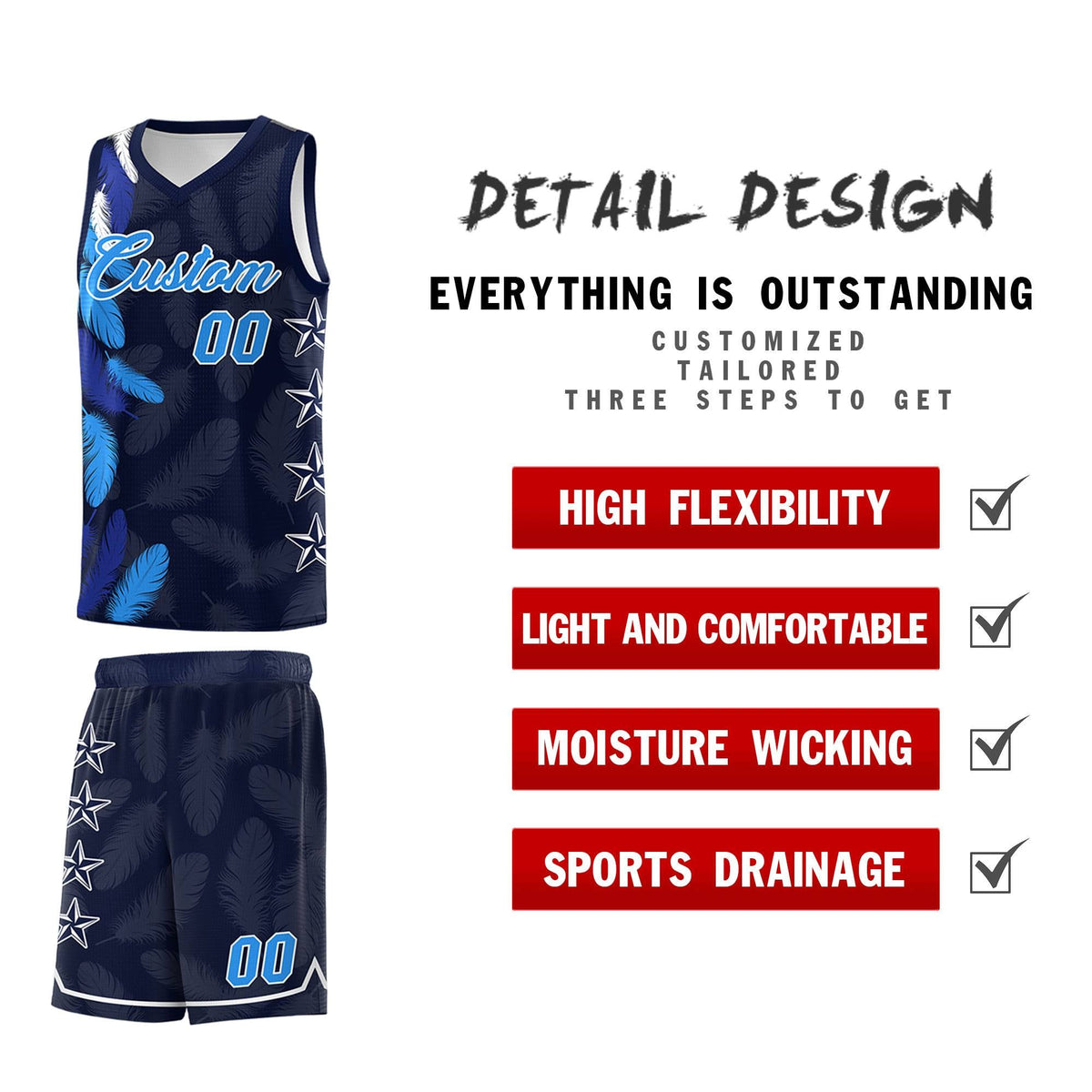 Custom Youth Basketball Jersey Navy Powder Blue Feather Series Sports Uniform