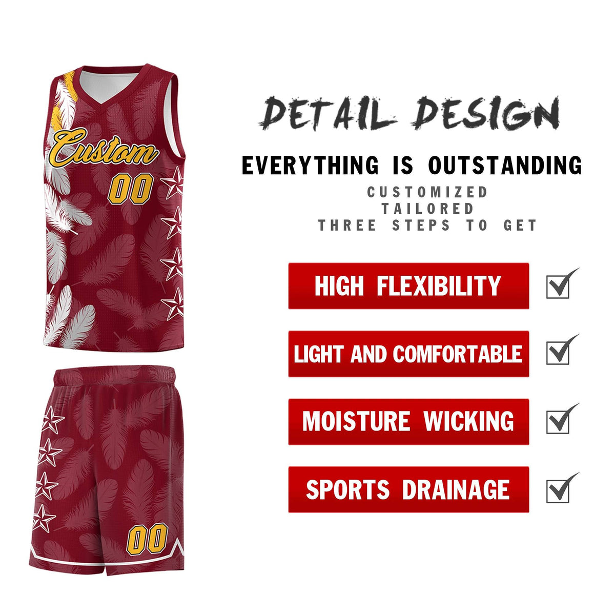 Custom Youth Basketball Jersey Crimson Gold Feather Series Sports Uniform