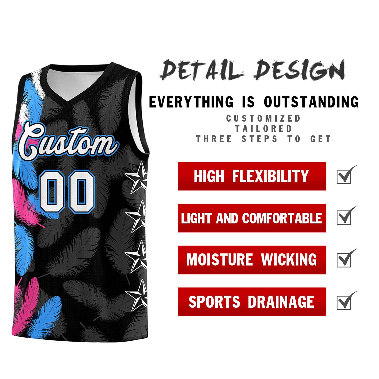 Custom Youth Basketball Jersey Black White Feather Series Sports Uniform