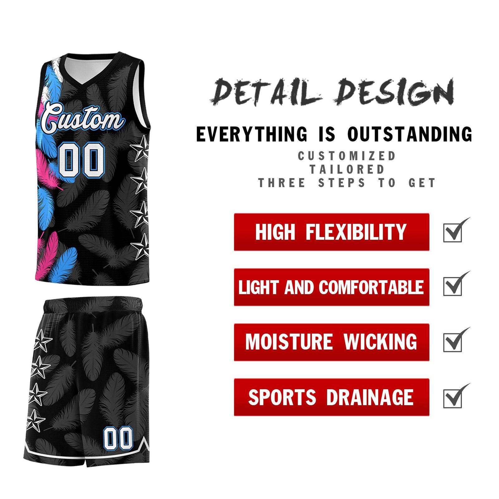Custom Youth Basketball Jersey Black White Feather Series Sports Uniform