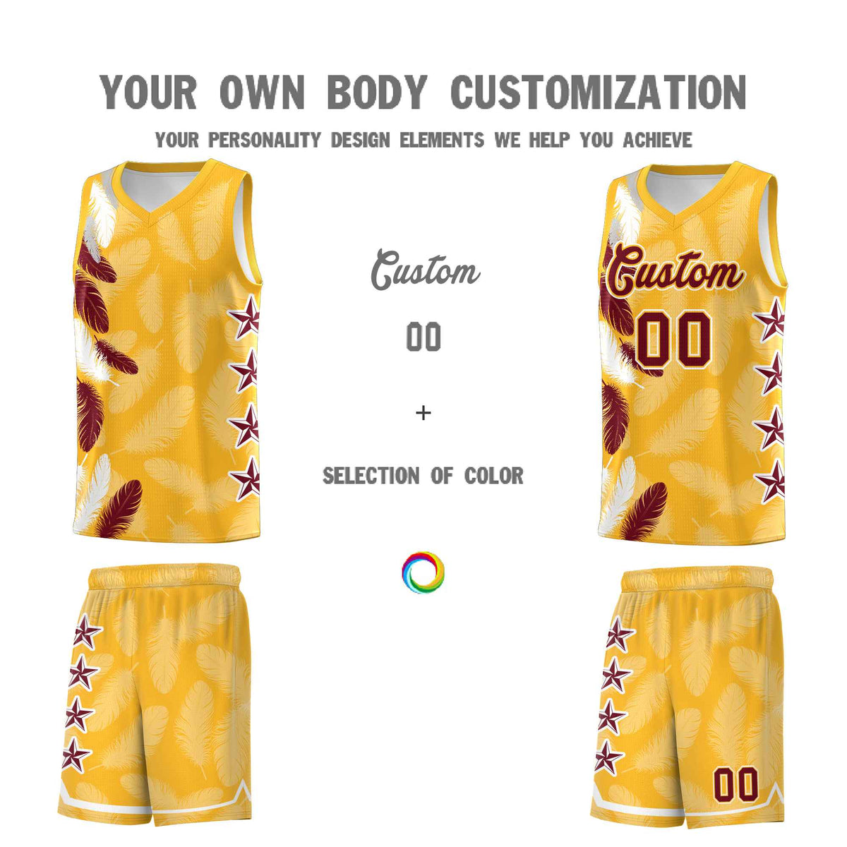 Custom Youth Basketball Jersey Gold Crimson Feather Series Sports Uniform