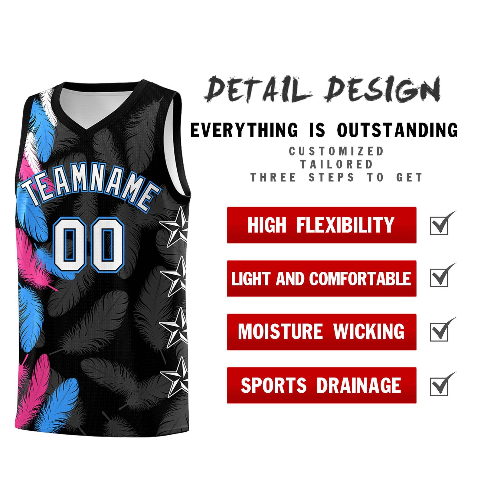 Custom Youth Basketball Jersey Black White Feather Series Sports Uniform