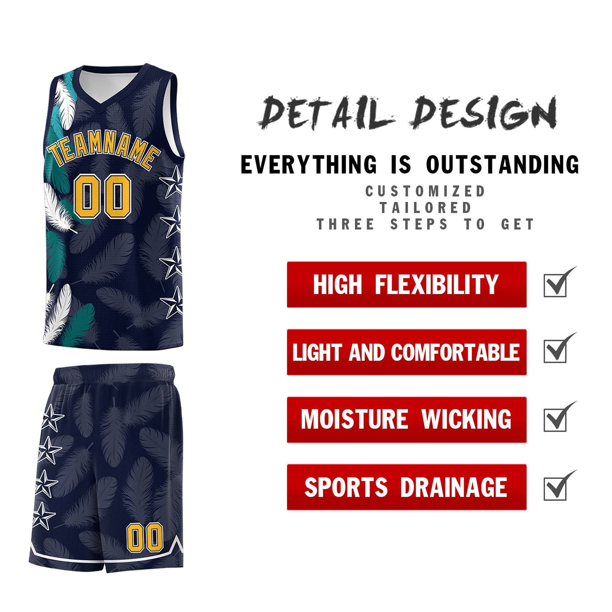 Custom Youth Basketball Jersey Navy Gold Feather Series Sports Uniform