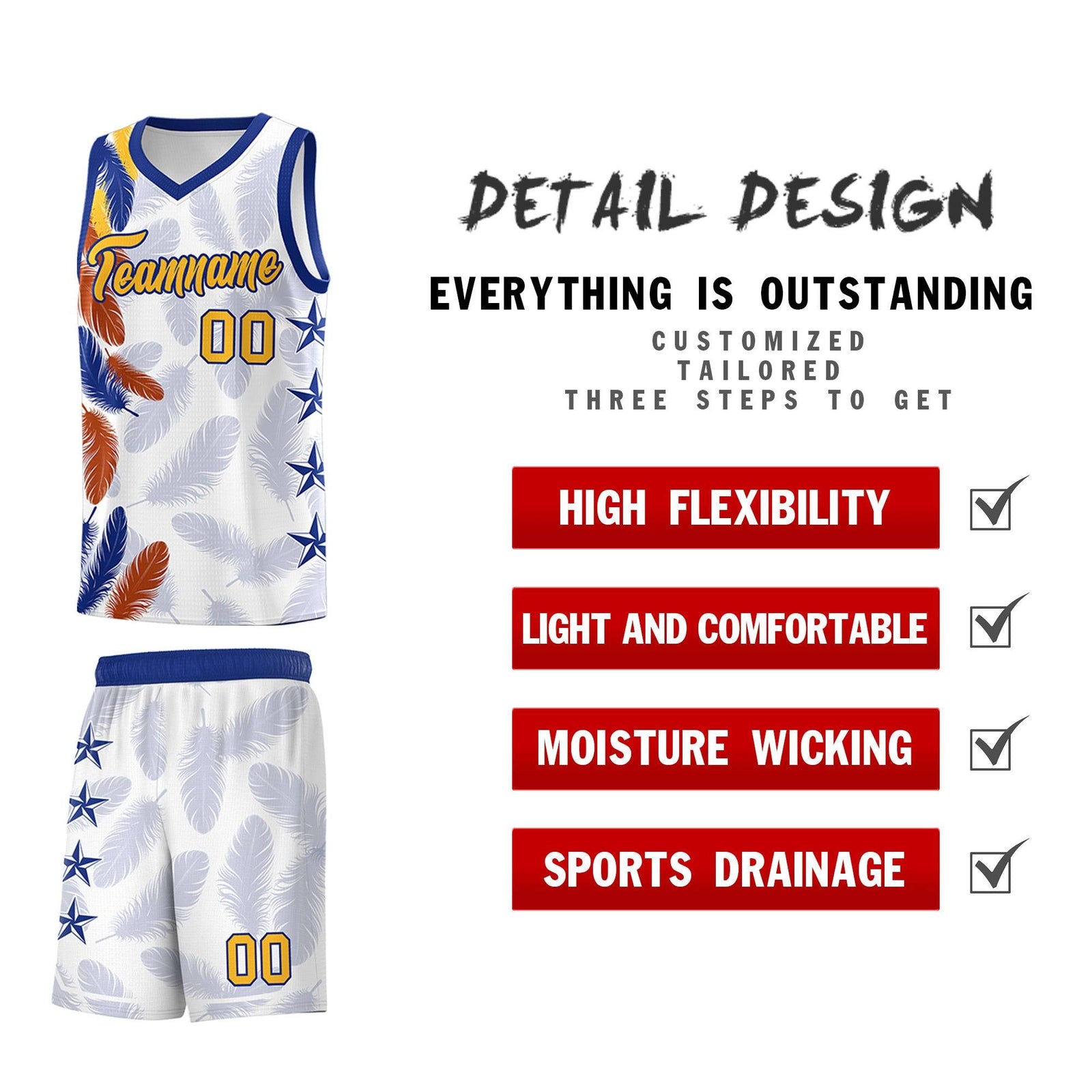 Custom Youth Basketball Jersey White Gold Feather Series Sports Uniform