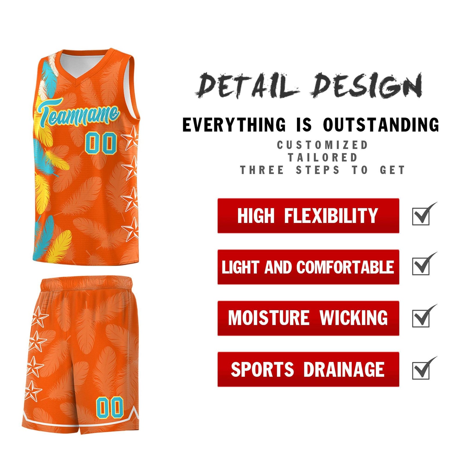 Custom Youth Basketball Jersey Orange Sky Blue Feather Series Sports Uniform
