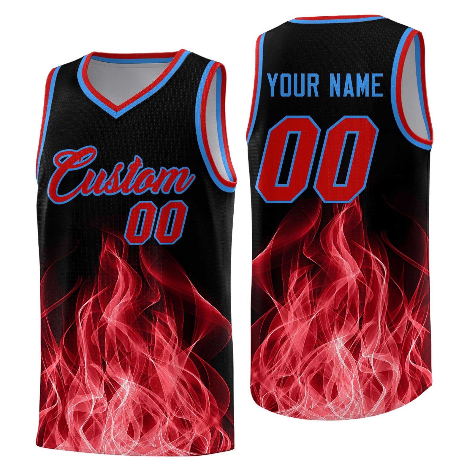 Custom Youth Basketball Jersey Black Red Flame Design Unique Team Uniform Set