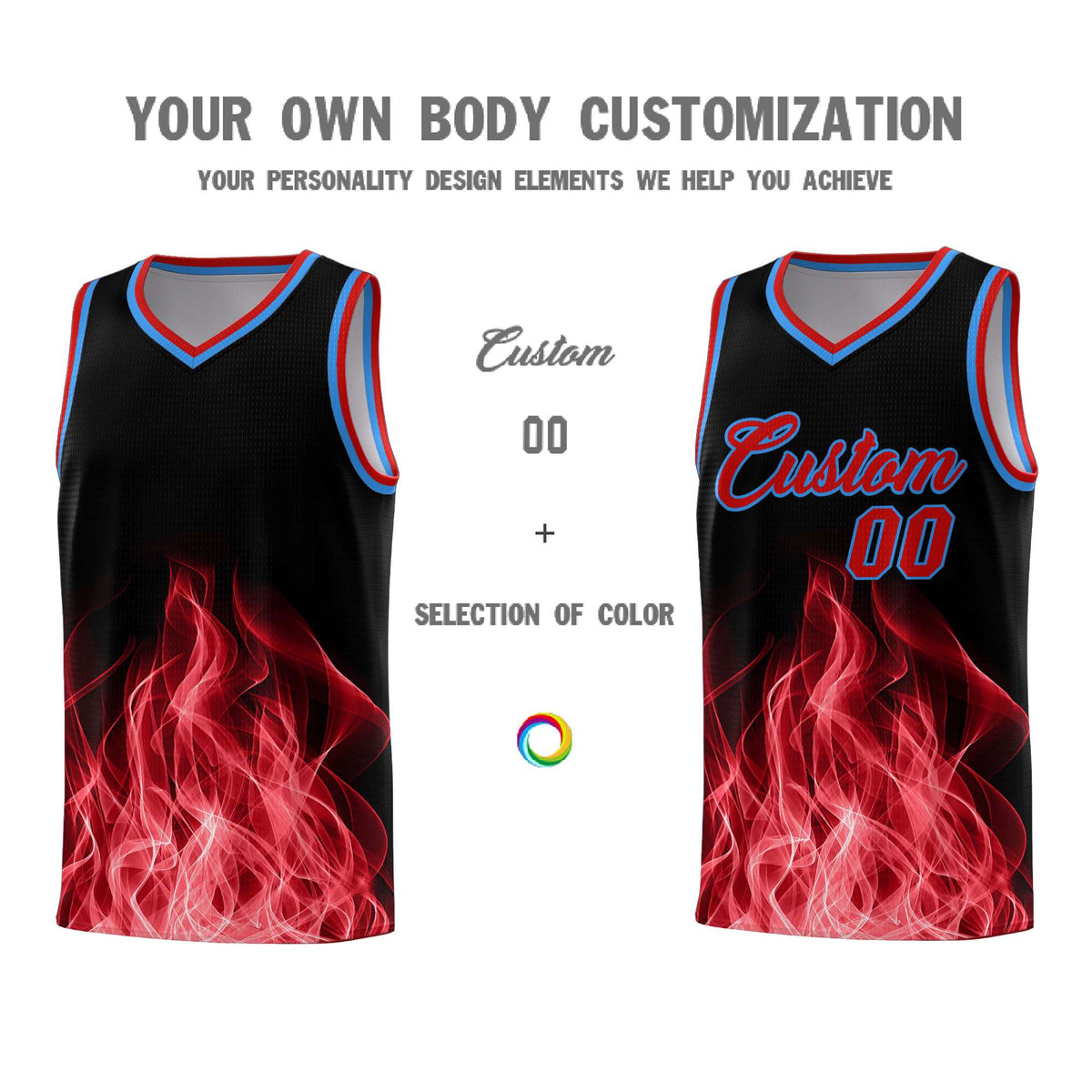 Custom Youth Basketball Jersey Black Red Flame Design Unique Team Uniform Set