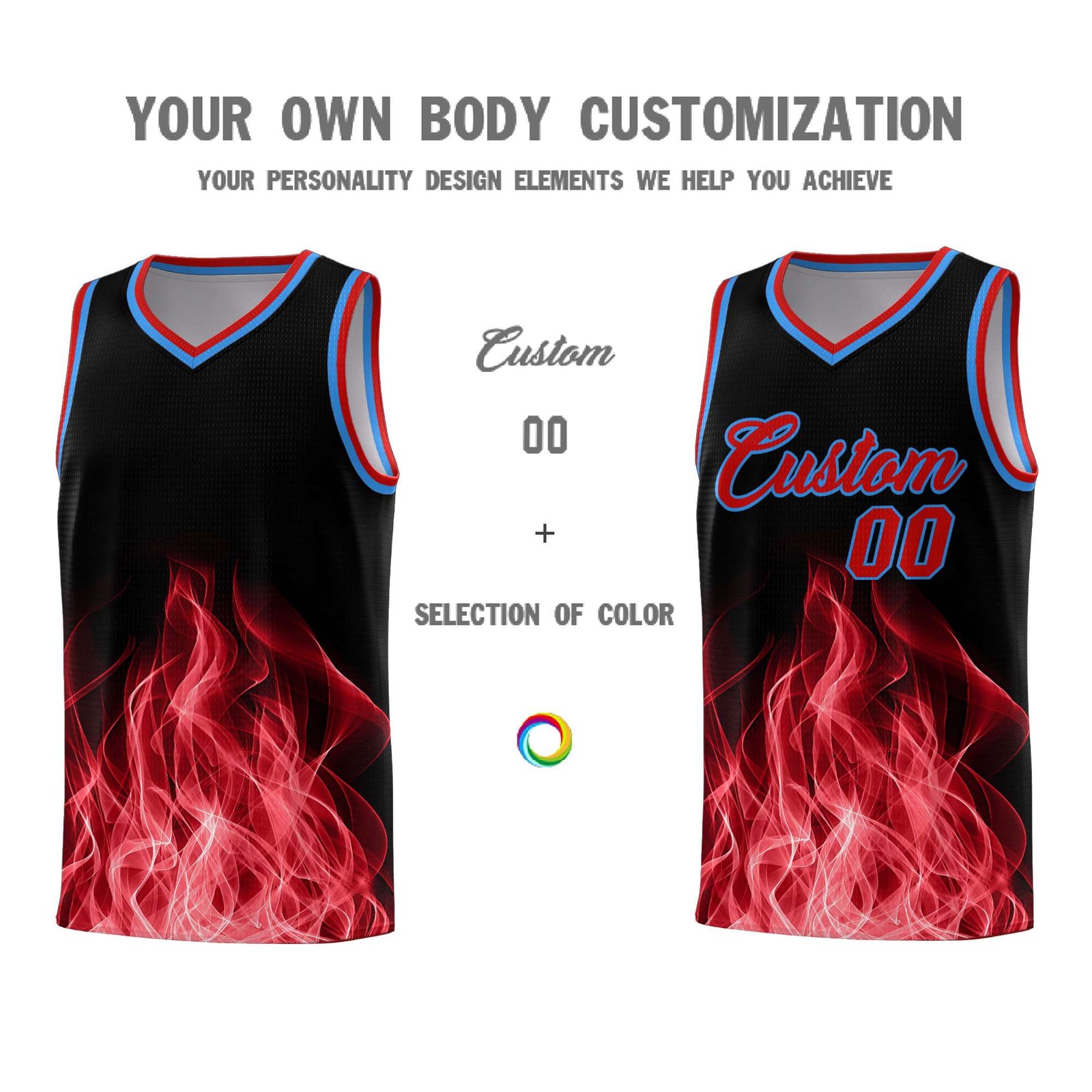 Custom Youth Basketball Jersey Black Red Flame Design Unique Team Uniform Set