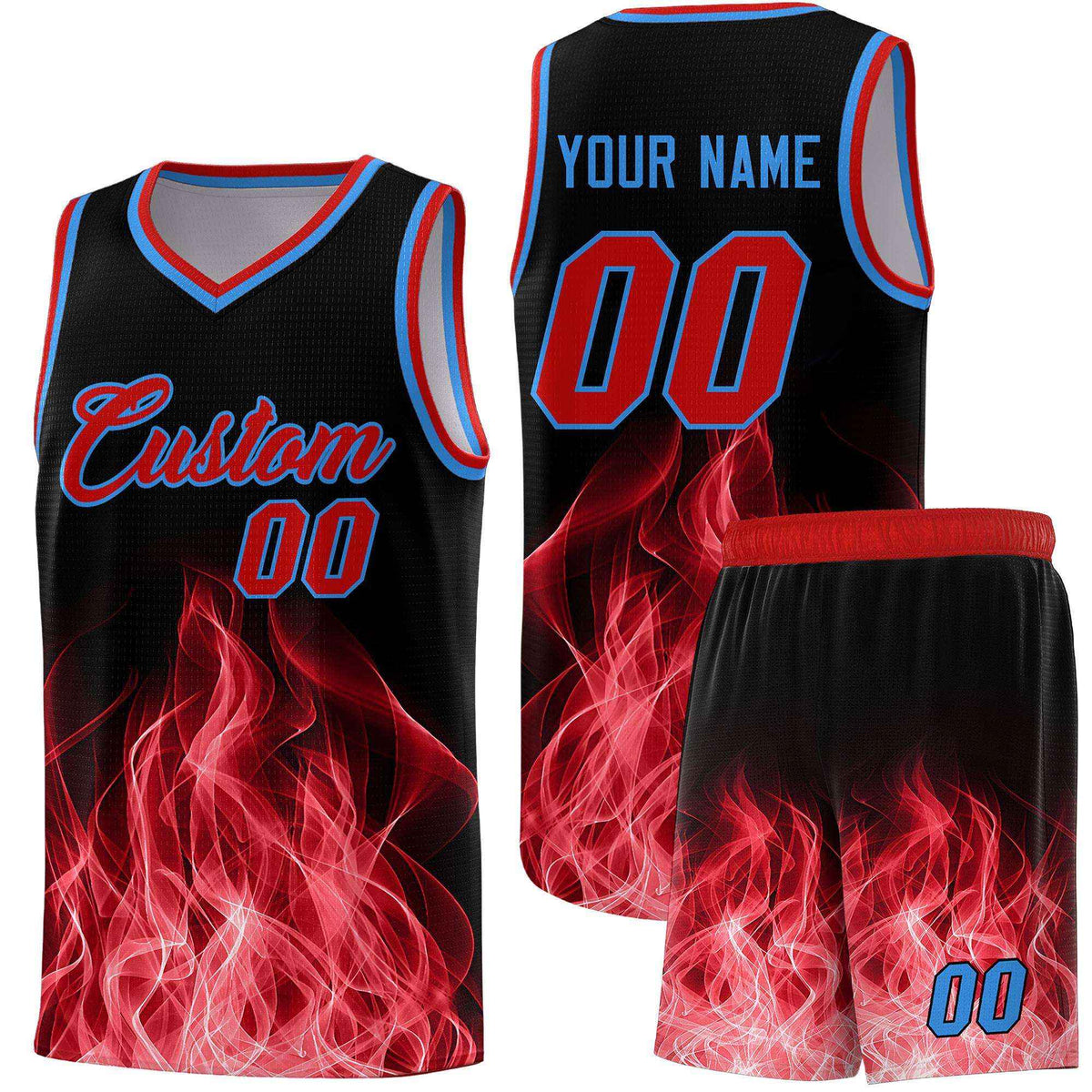 Custom Youth Basketball Jersey Black Red Flame Design Unique Team Uniform Set