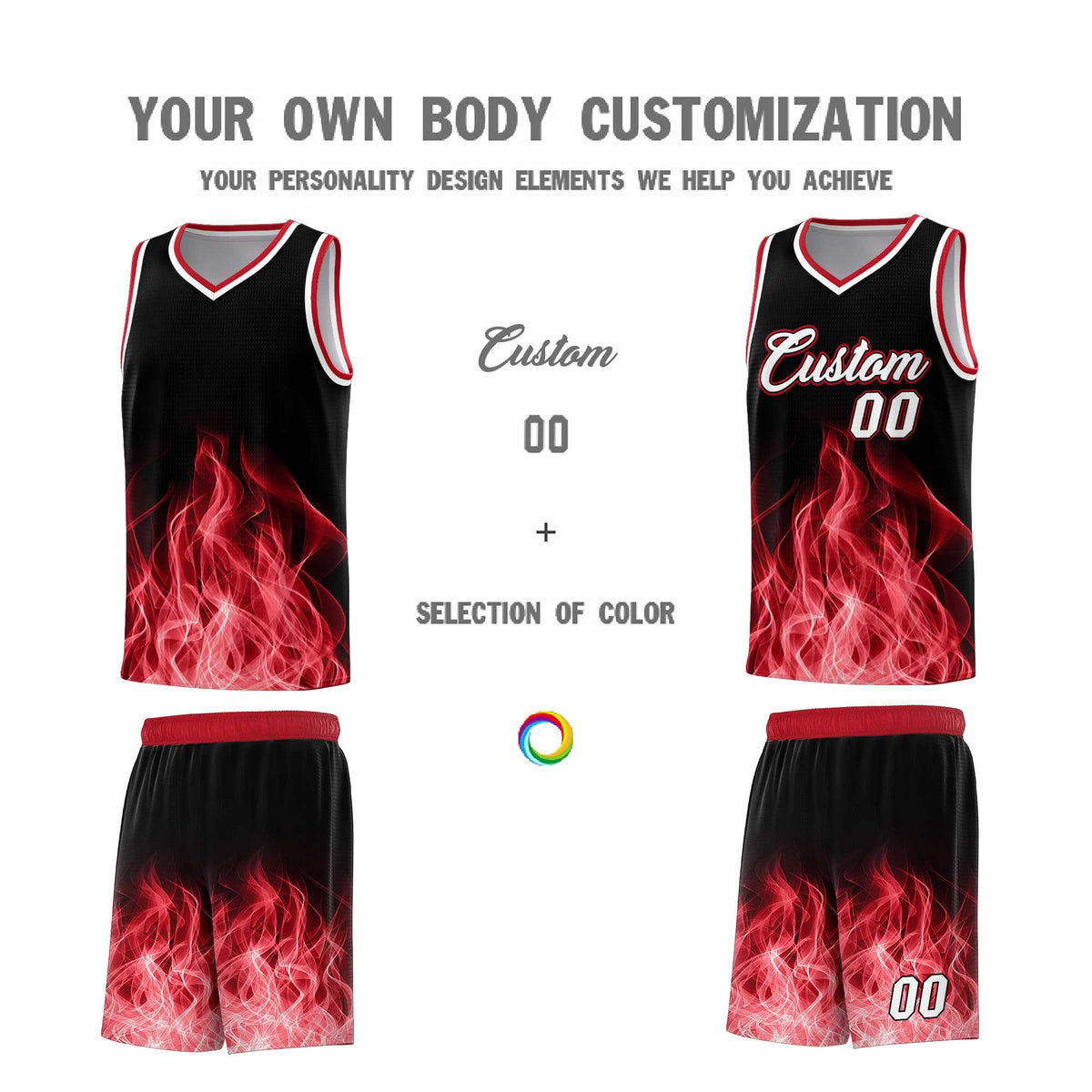 Custom Youth Basketball Jersey Black Red Flame Design Personalized Team Uniform Set
