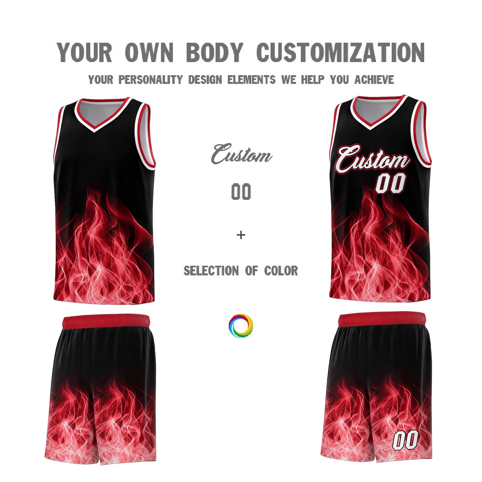 Custom Youth Basketball Jersey Black Red Flame Design Personalized Team Uniform Set