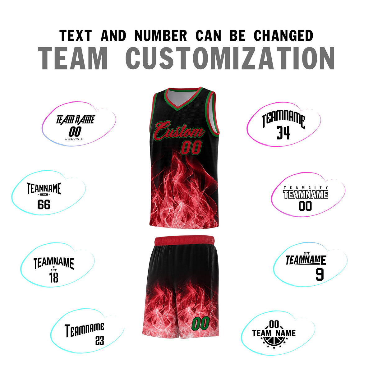 Custom Youth Basketball Jersey Black Red Flame Fire Design Personalized Team Uniform Set