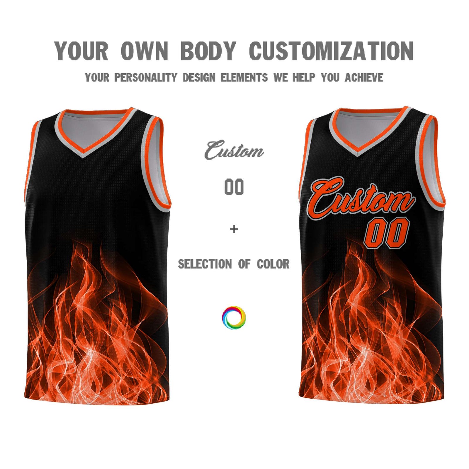 Custom Youth Basketball Jersey Black Orange Flame Design Unique Team Uniform Set