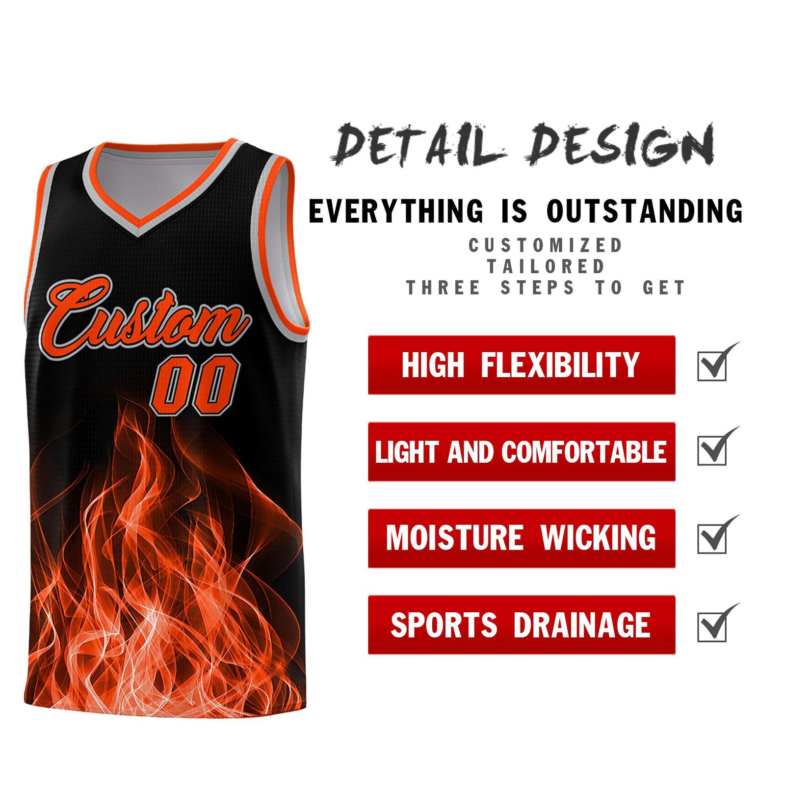 Custom Youth Basketball Jersey Black Orange Flame Design Unique Team Uniform Set