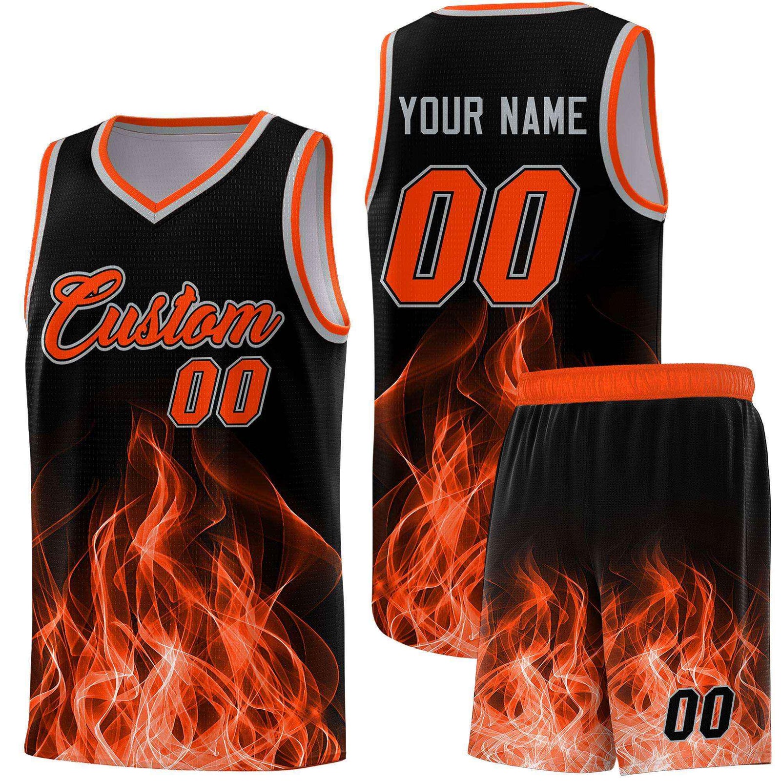 Custom Youth Basketball Jersey Black Orange Flame Design Unique Team Uniform Set