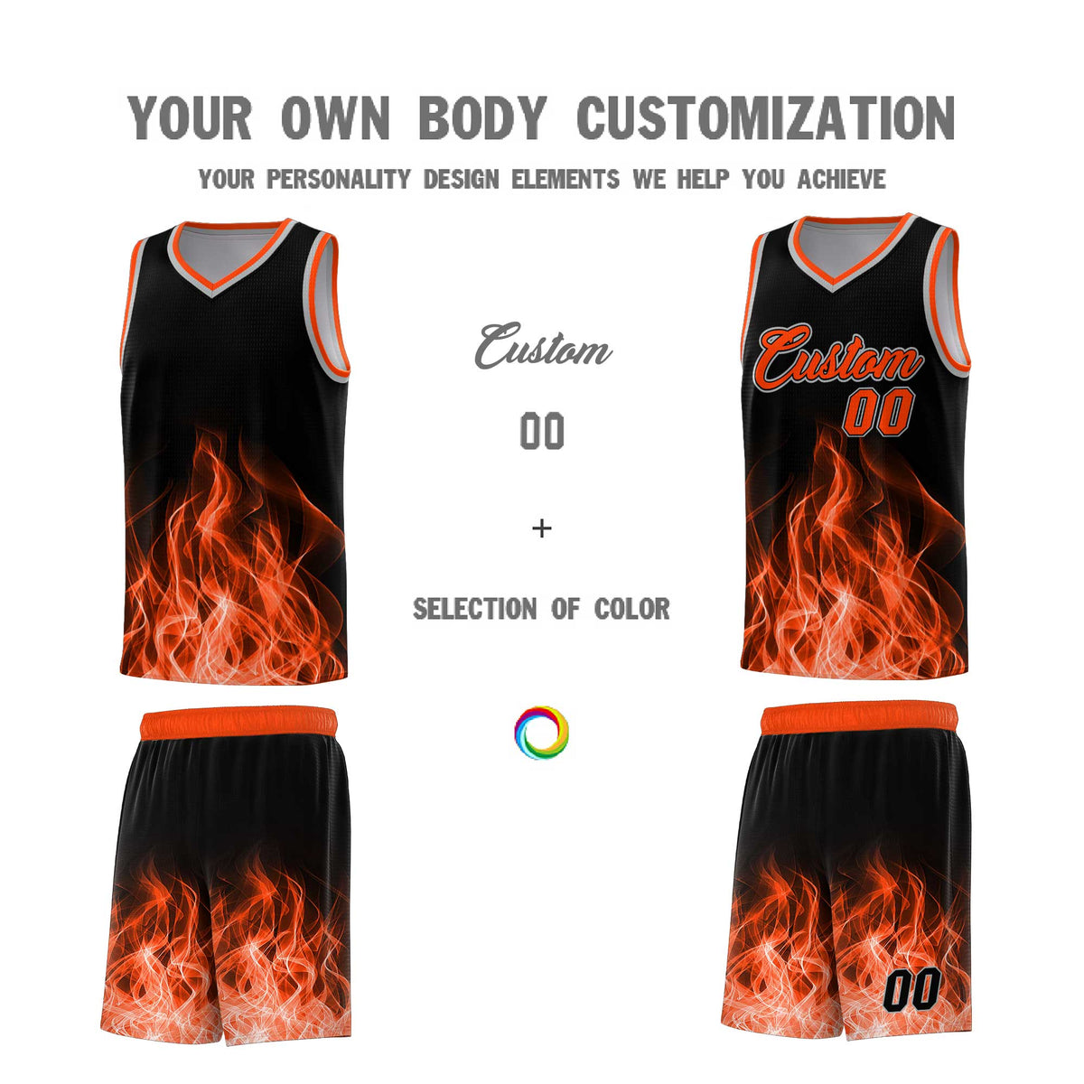 Custom Youth Basketball Jersey Black Orange Flame Design Unique Team Uniform Set