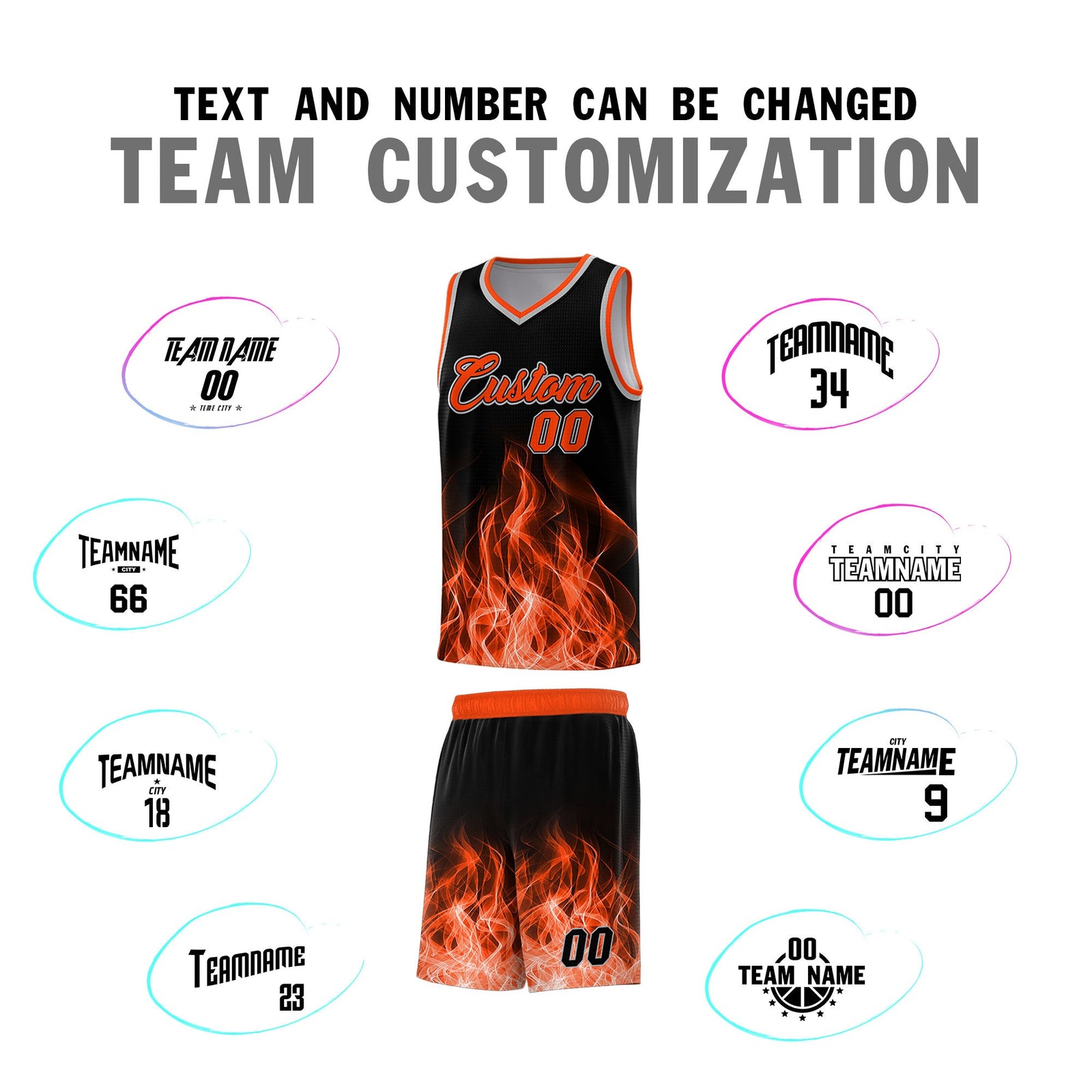 Custom Youth Basketball Jersey Black Orange Flame Design Unique Team Uniform Set