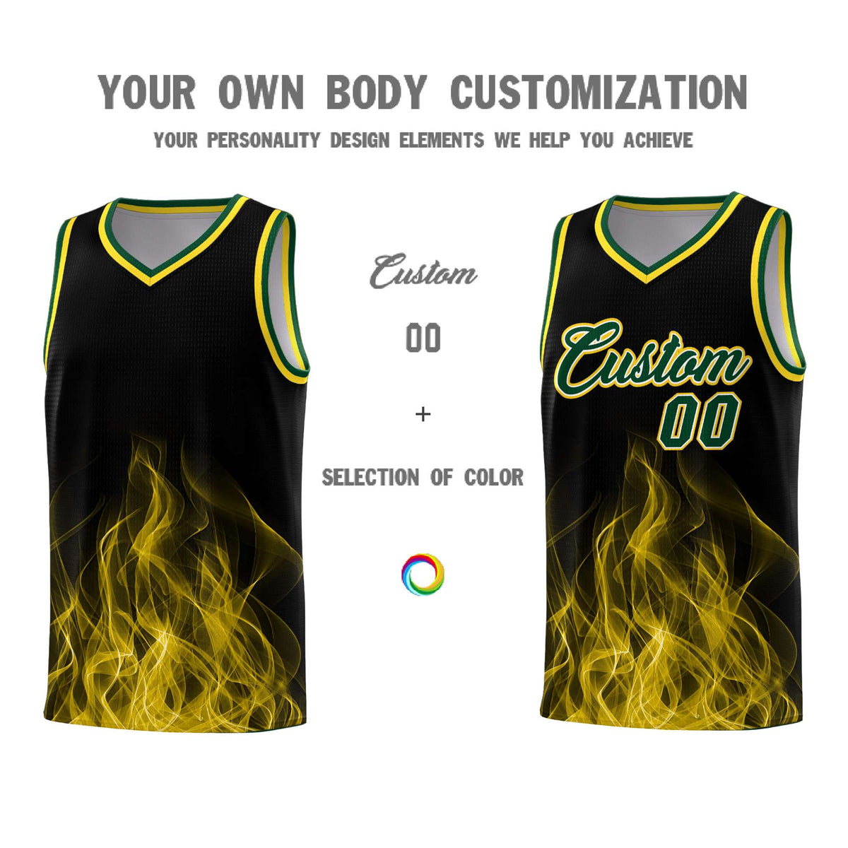 Custom Youth Basketball Jersey Black Gold Flame Design Personalized Team Uniform Set