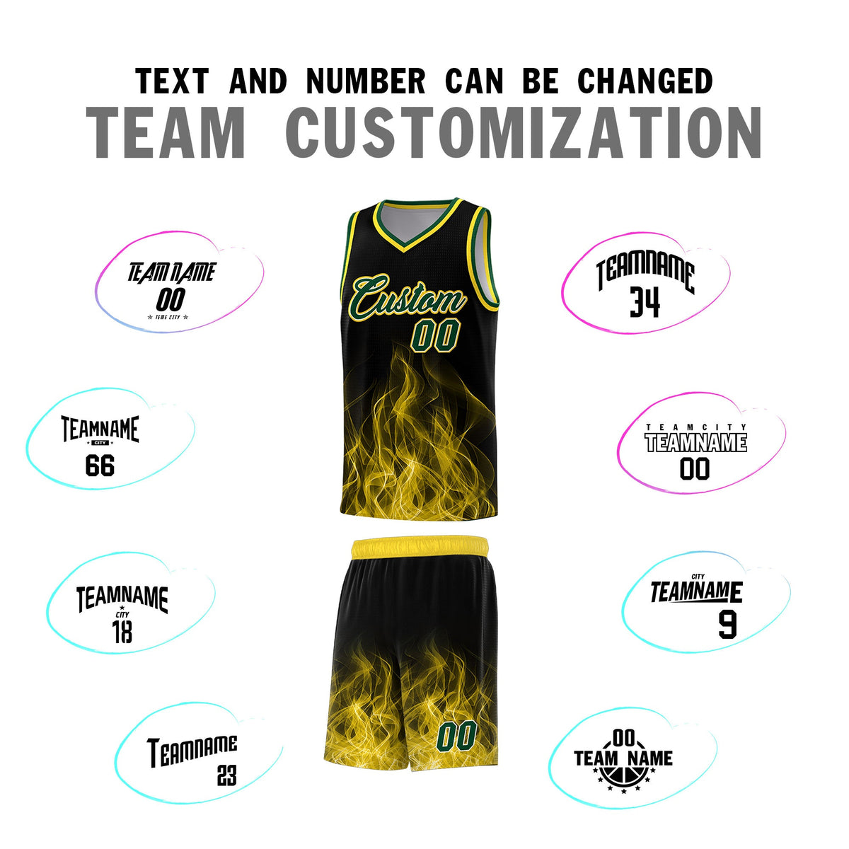 Custom Youth Basketball Jersey Black Gold Flame Design Personalized Team Uniform Set