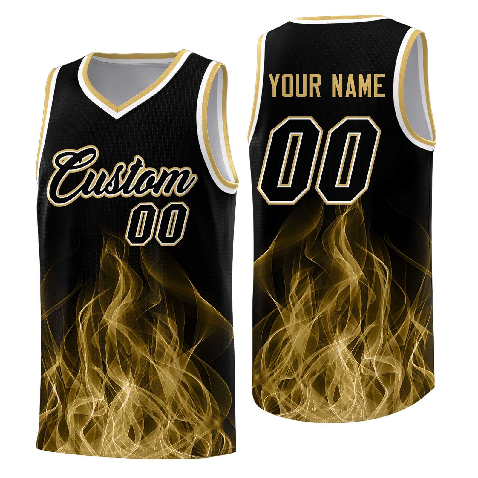 Custom Youth Basketball Jersey Black Old Gold Flame Fire Design Personalized Team Uniform Set