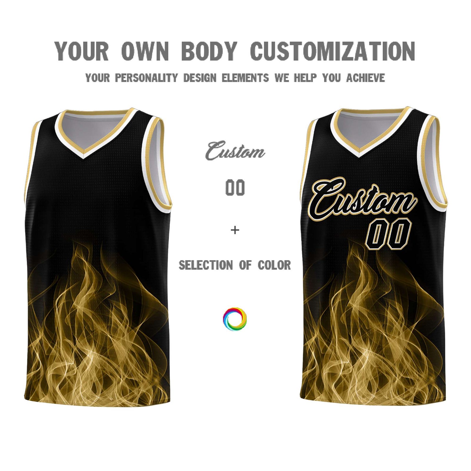 Custom Youth Basketball Jersey Black Old Gold Flame Fire Design Personalized Team Uniform Set