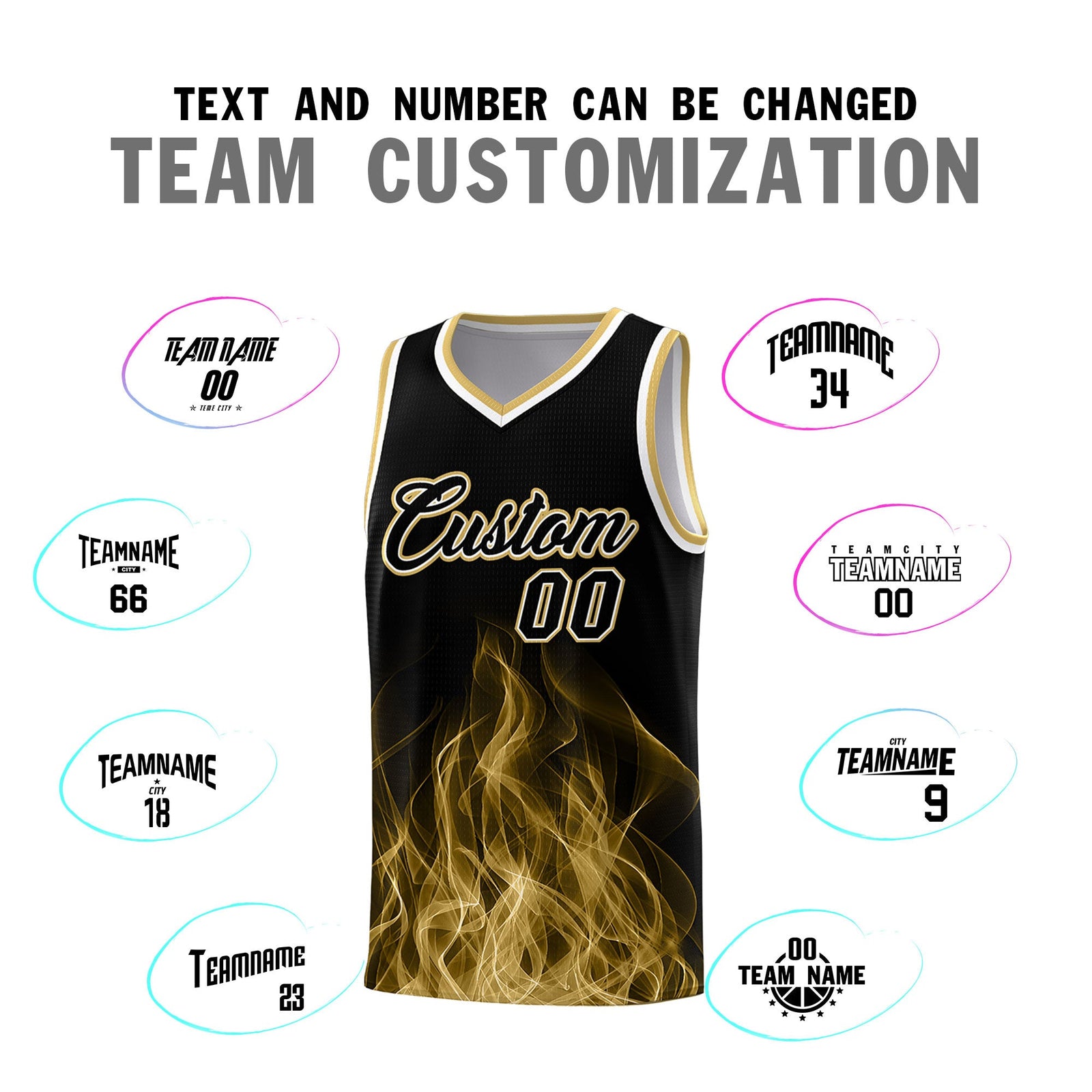 Custom Youth Basketball Jersey Black Old Gold Flame Fire Design Personalized Team Uniform Set