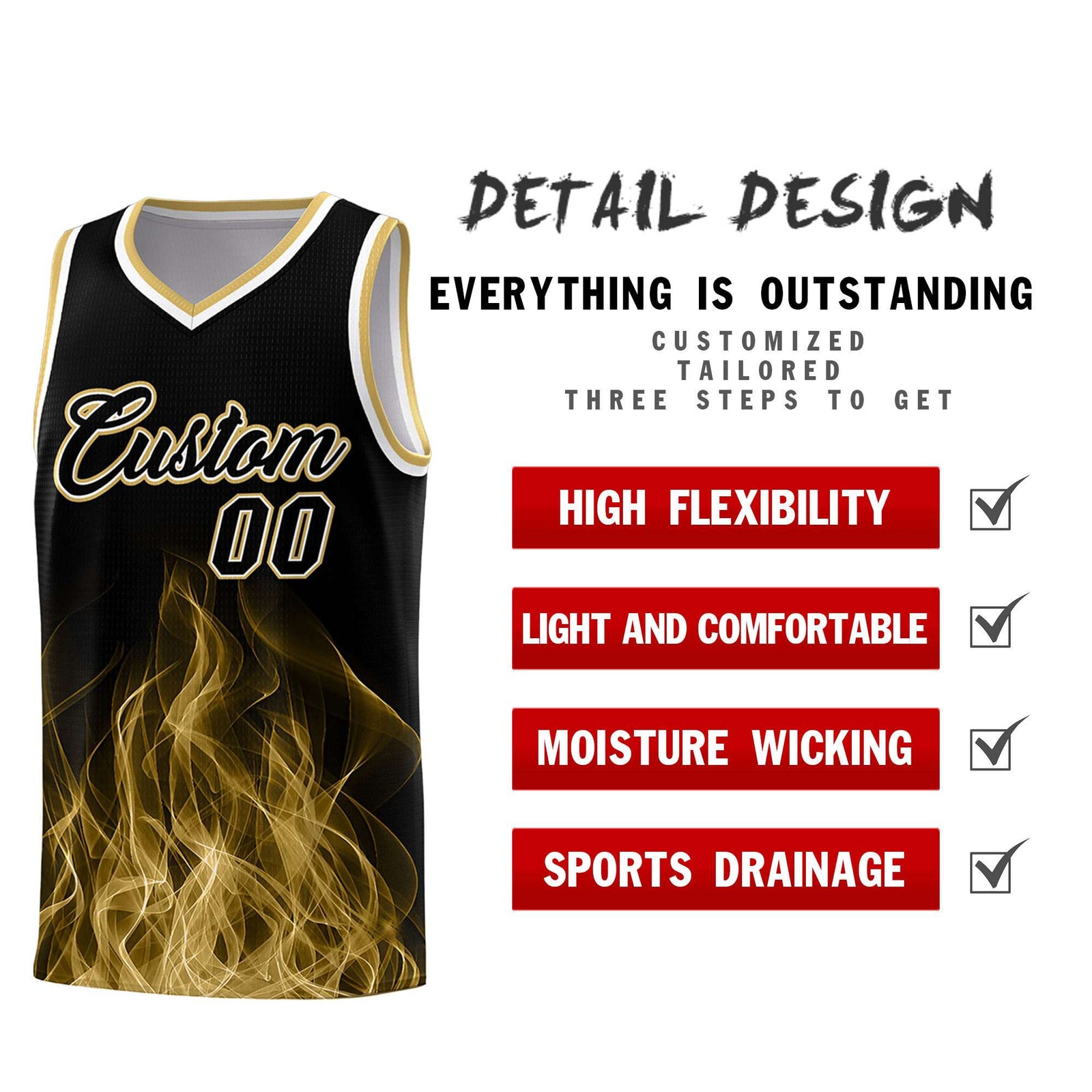 Custom Youth Basketball Jersey Black Old Gold Flame Fire Design Personalized Team Uniform Set