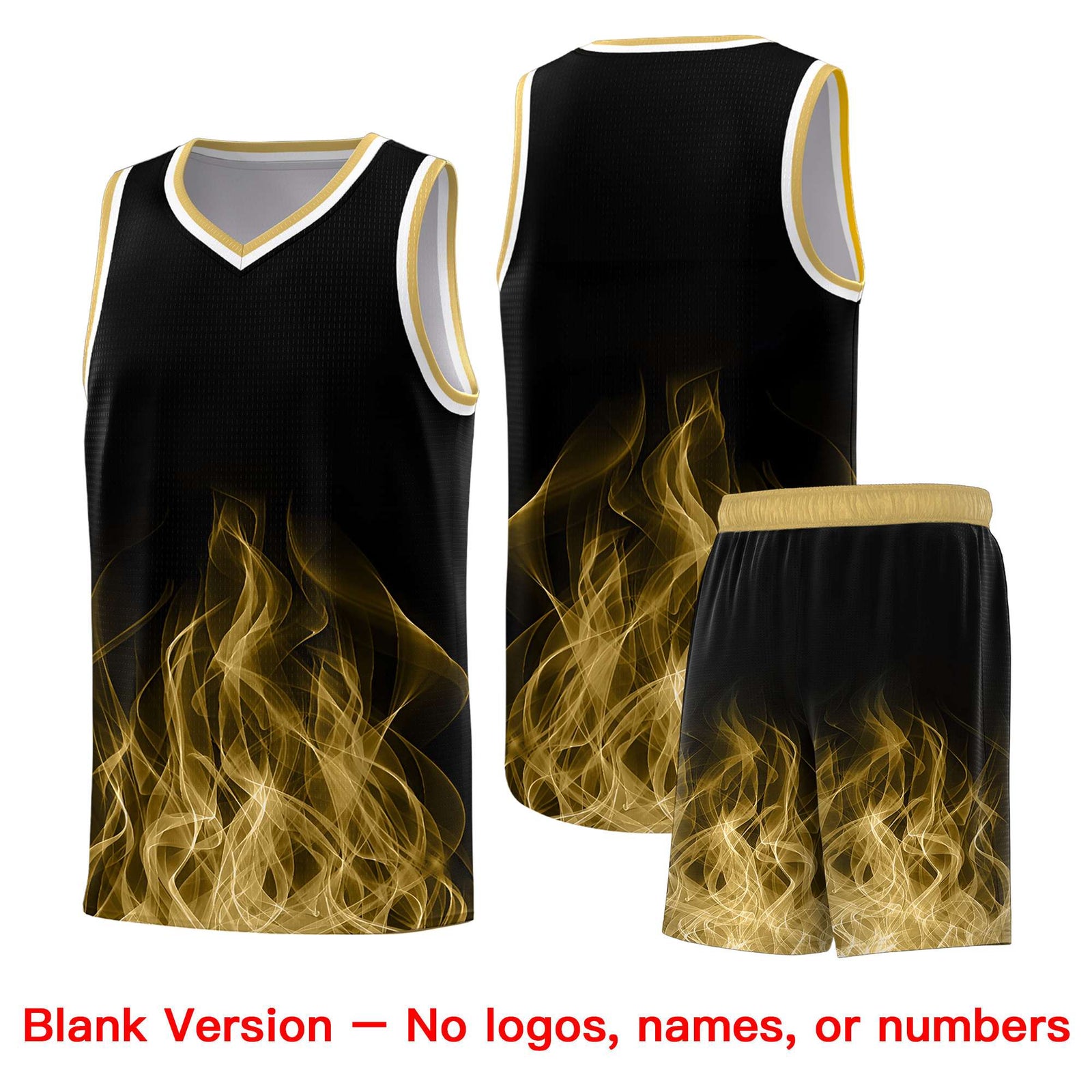 Custom Youth Basketball Jersey Black Old Gold Flame Fire Design Personalized Team Uniform Set