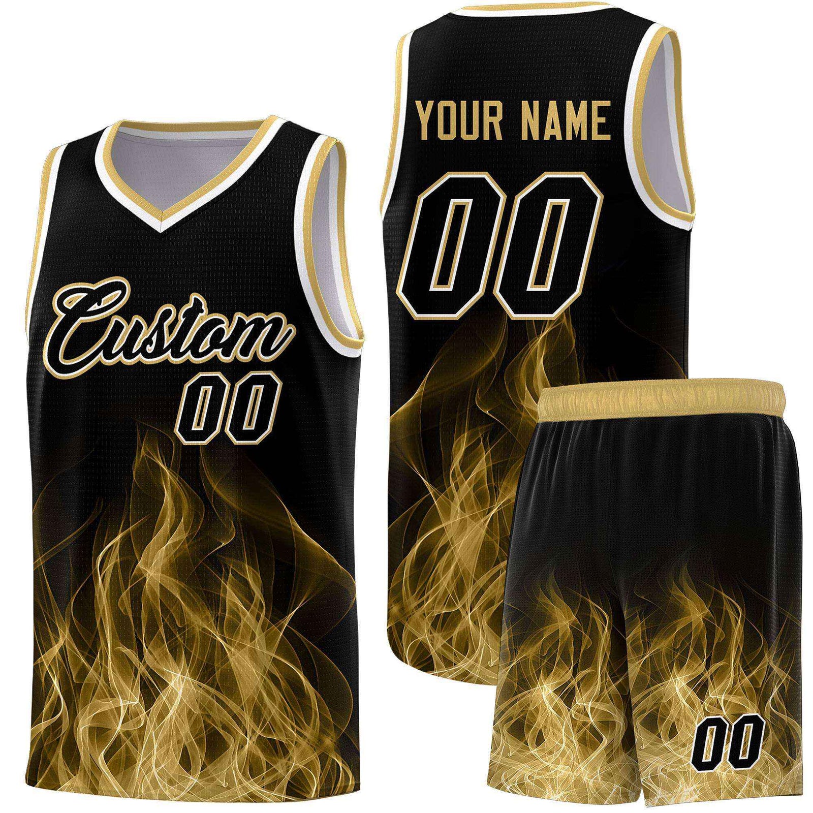 Custom Youth Basketball Jersey Black Old Gold Flame Fire Design Personalized Team Uniform Set