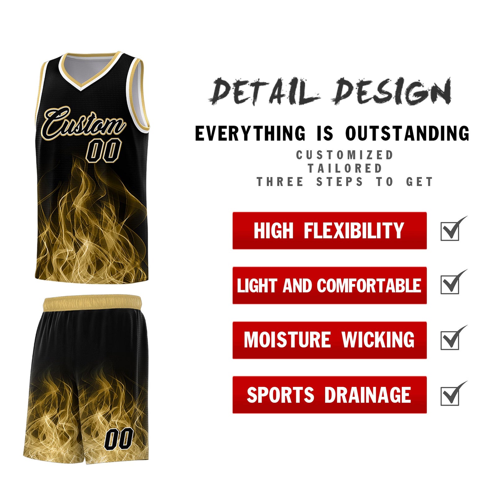 Custom Youth Basketball Jersey Black Old Gold Flame Fire Design Personalized Team Uniform Set