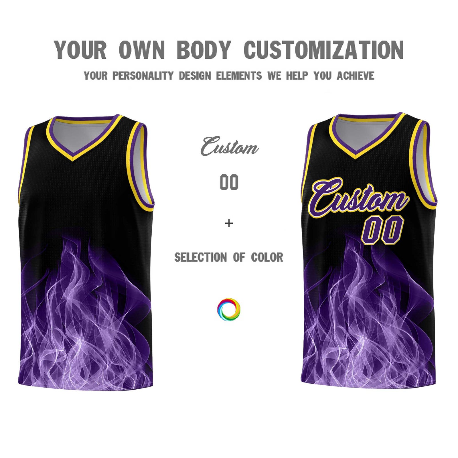 Custom Youth Basketball Jersey Black Gold Flame Design Personalized Team Uniform Set