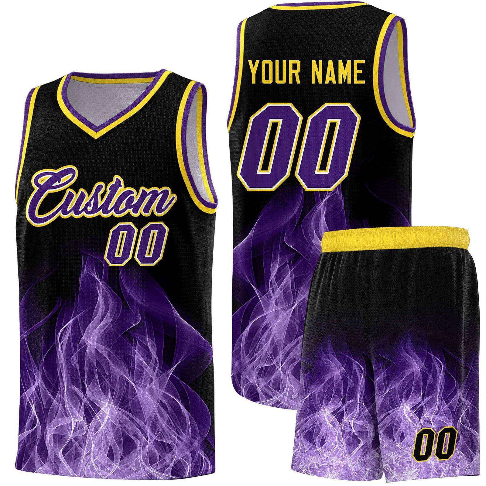 Custom Youth Basketball Jersey Black Gold Flame Design Personalized Team Uniform Set
