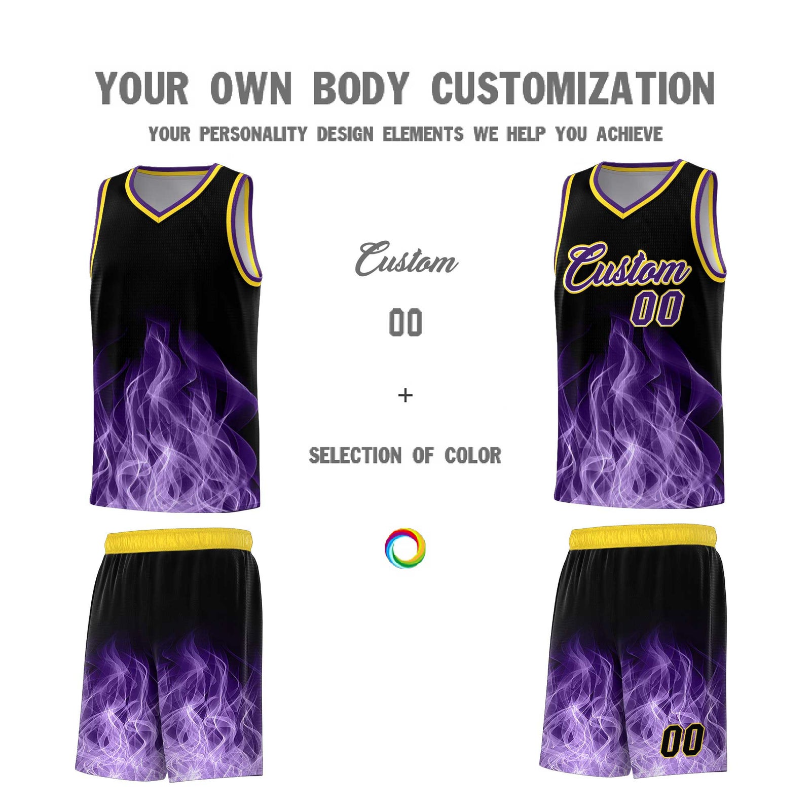 Custom Youth Basketball Jersey Black Gold Flame Design Personalized Team Uniform Set