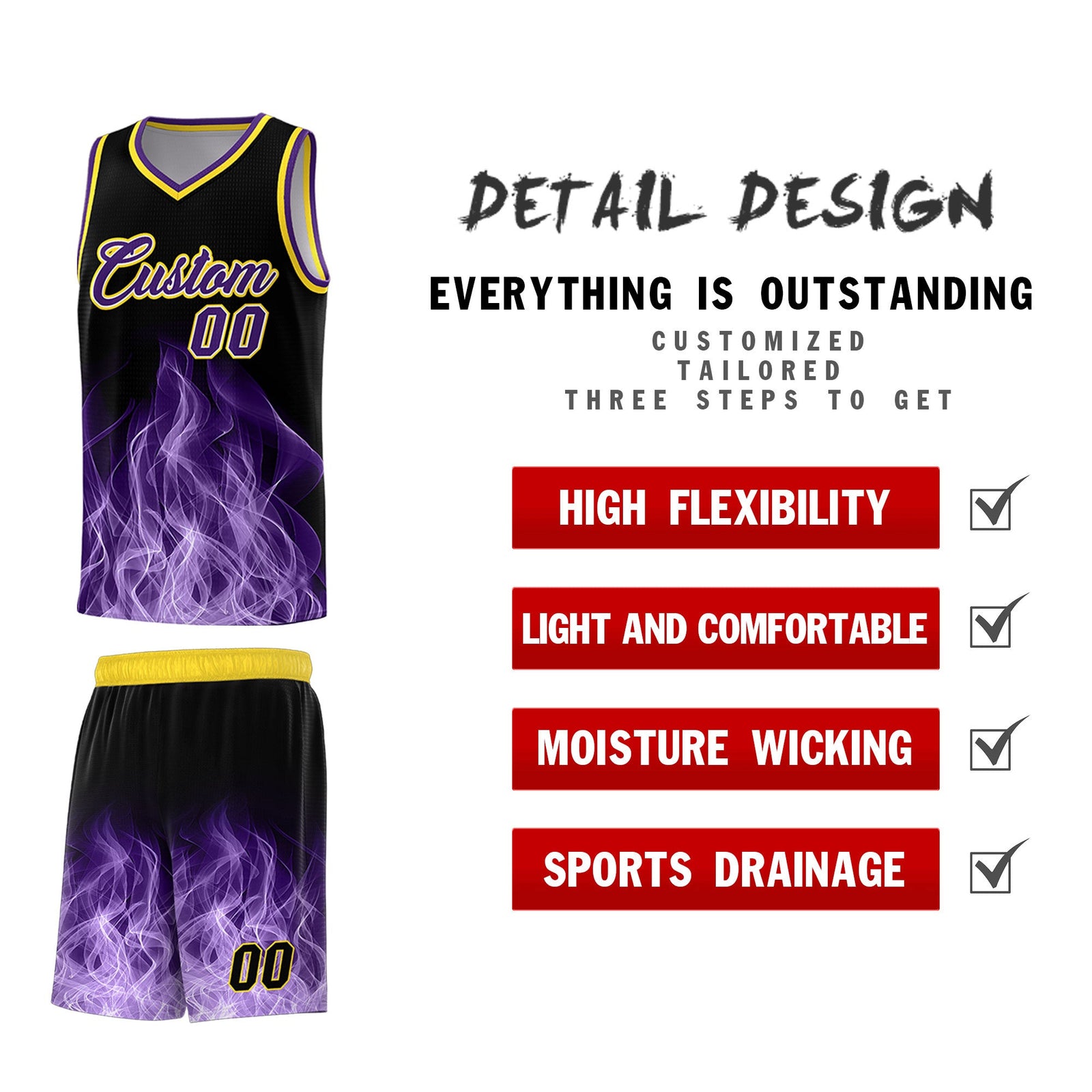 Custom Youth Basketball Jersey Black Gold Flame Design Personalized Team Uniform Set