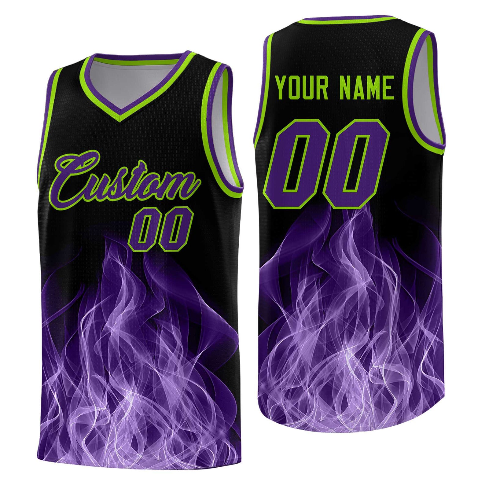 Custom Youth Basketball Jersey Black Neon Green Flame Fire Design Personalized Team Uniform Set