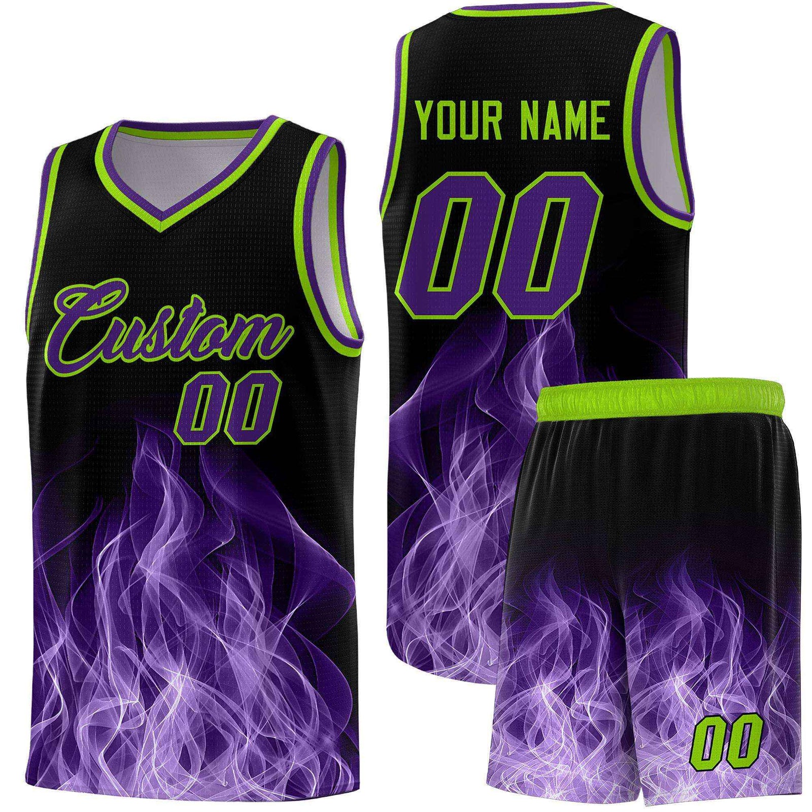 Custom Youth Basketball Jersey Black Neon Green Flame Fire Design Personalized Team Uniform Set