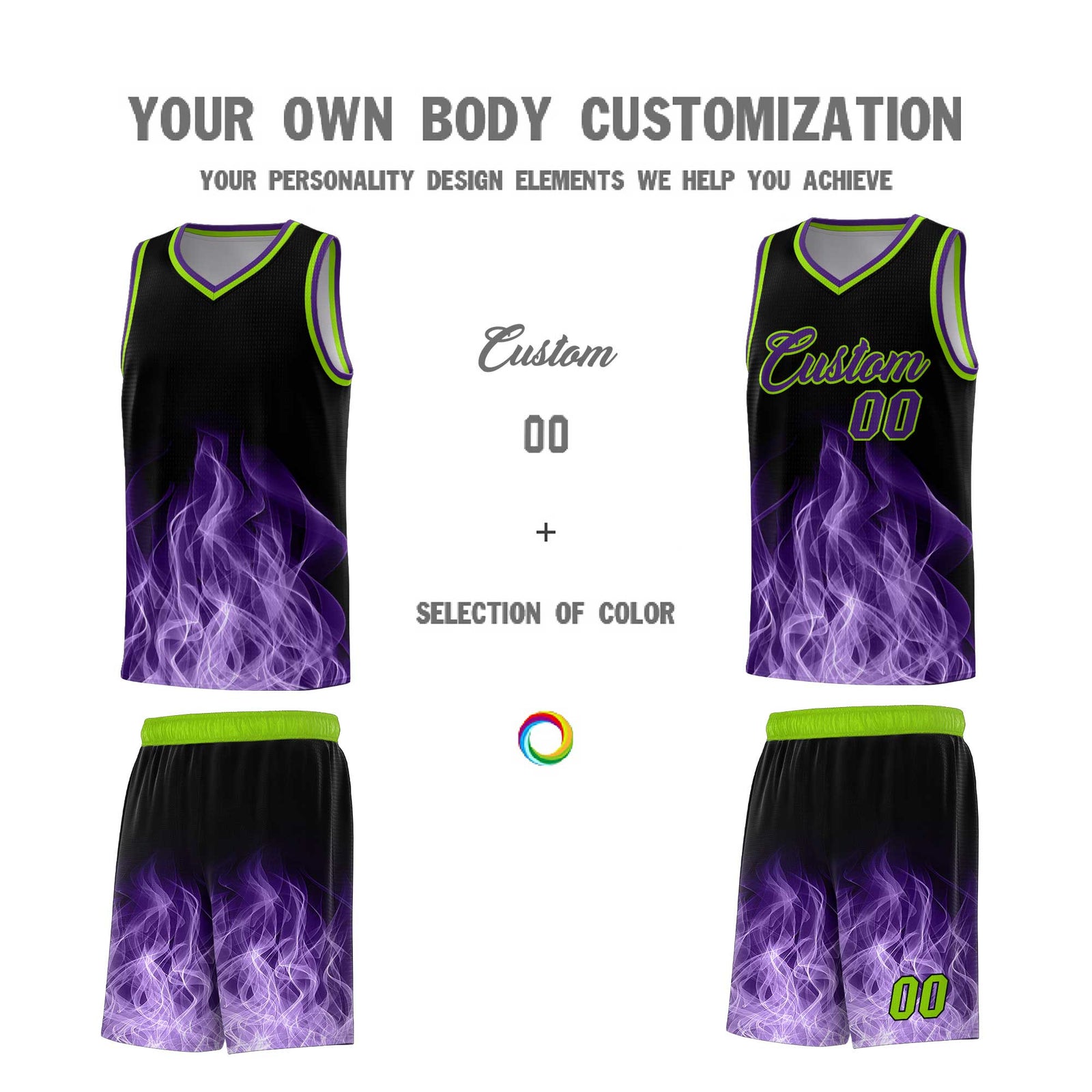 Custom Youth Basketball Jersey Black Neon Green Flame Fire Design Personalized Team Uniform Set