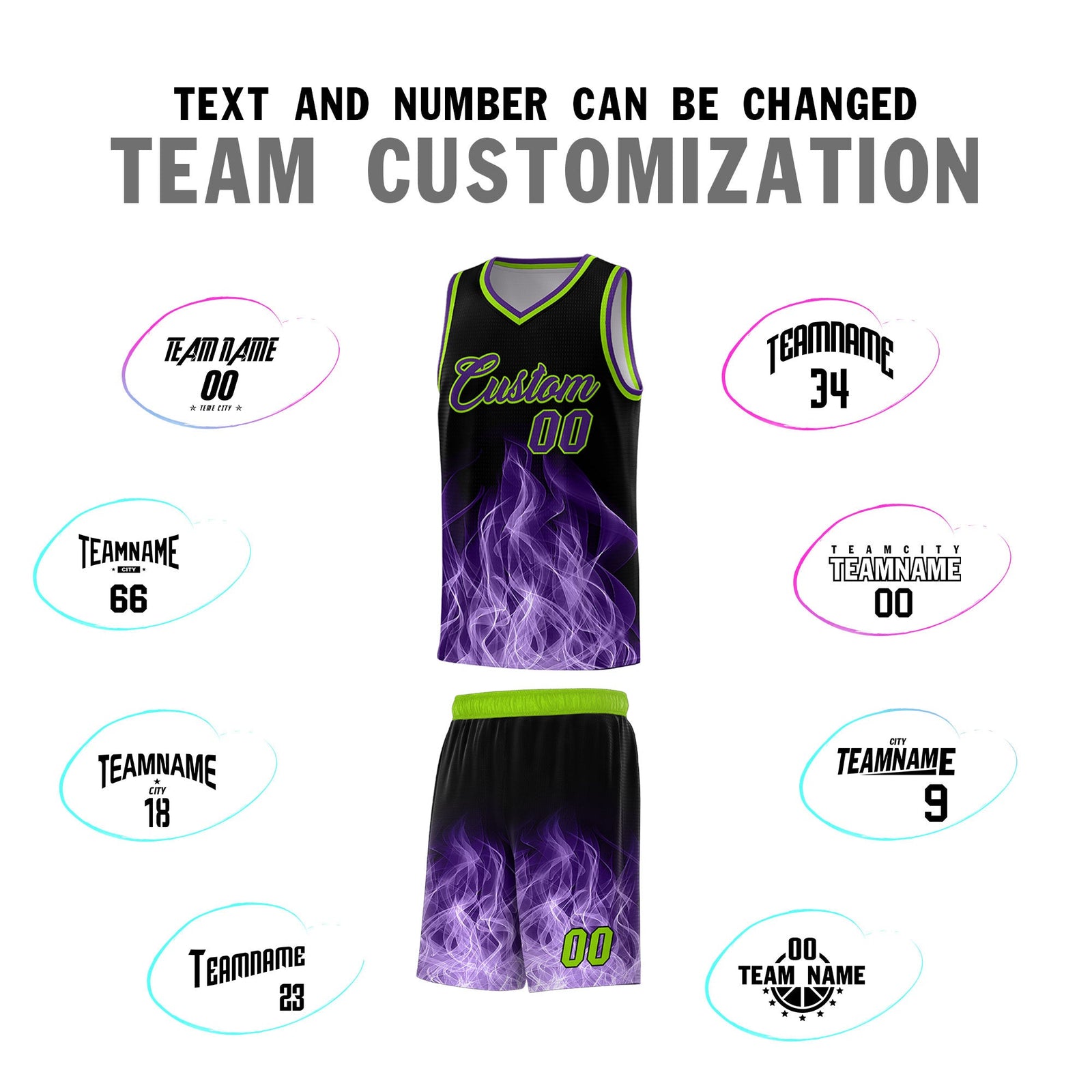 Custom Youth Basketball Jersey Black Neon Green Flame Fire Design Personalized Team Uniform Set