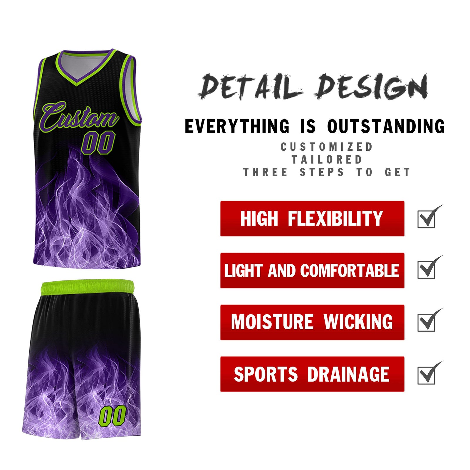 Custom Youth Basketball Jersey Black Neon Green Flame Fire Design Personalized Team Uniform Set