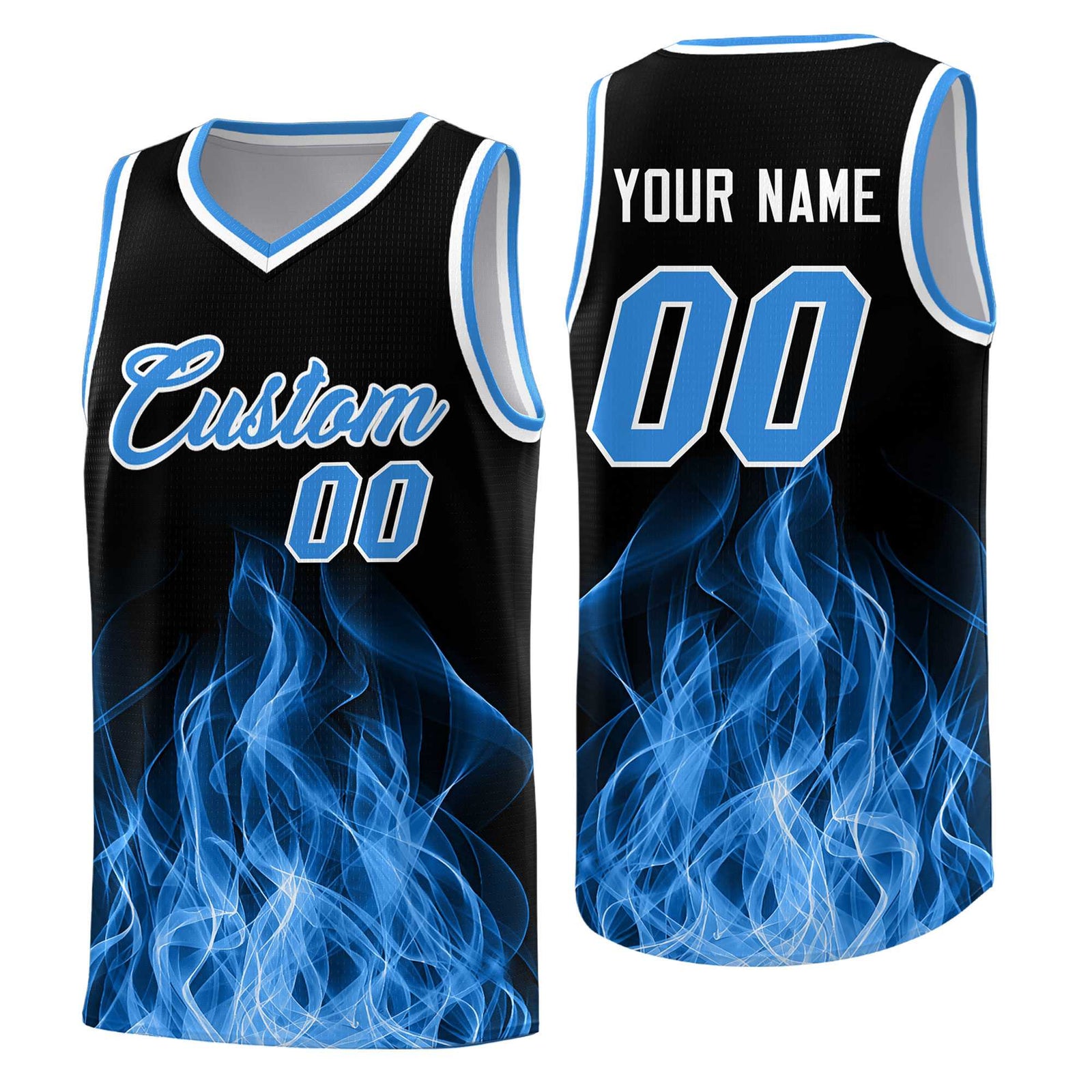 Custom Youth Basketball Jersey Black Light Blue Flame Design Unique Team Uniform Set