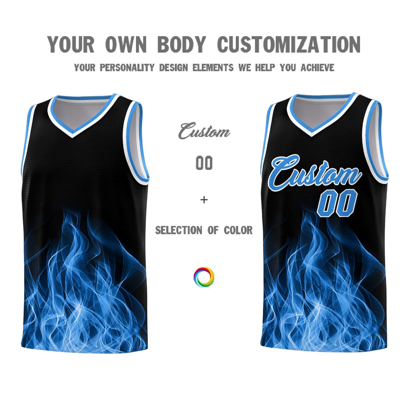 Custom Youth Basketball Jersey Black Light Blue Flame Design Unique Team Uniform Set