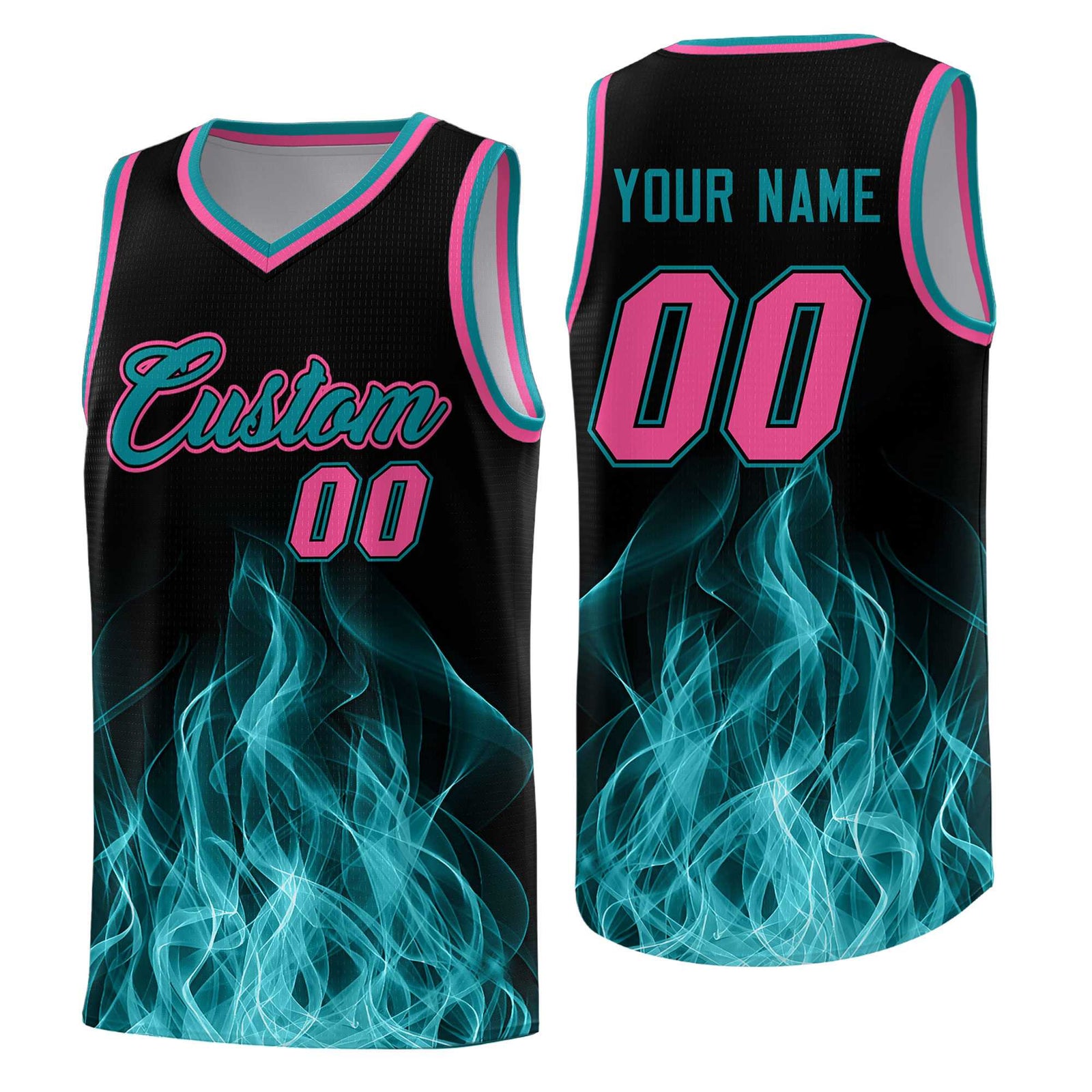 Custom Youth Basketball Jersey Black Teal Flame Fire Design Personalized Team Uniform Set